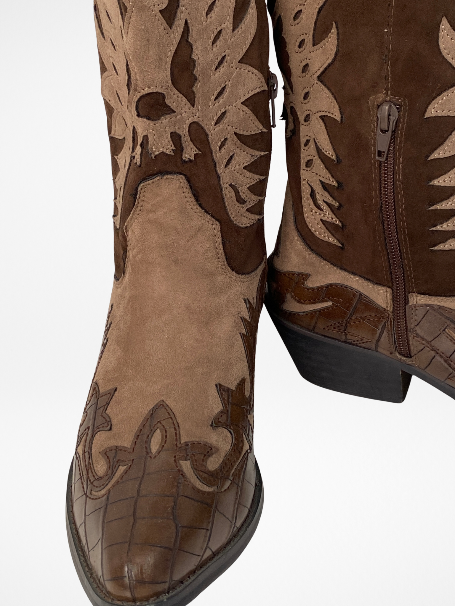Corina Western Cowboy Boots Brown Croc Embossed & Suede Statement Festival Boots - EU 41