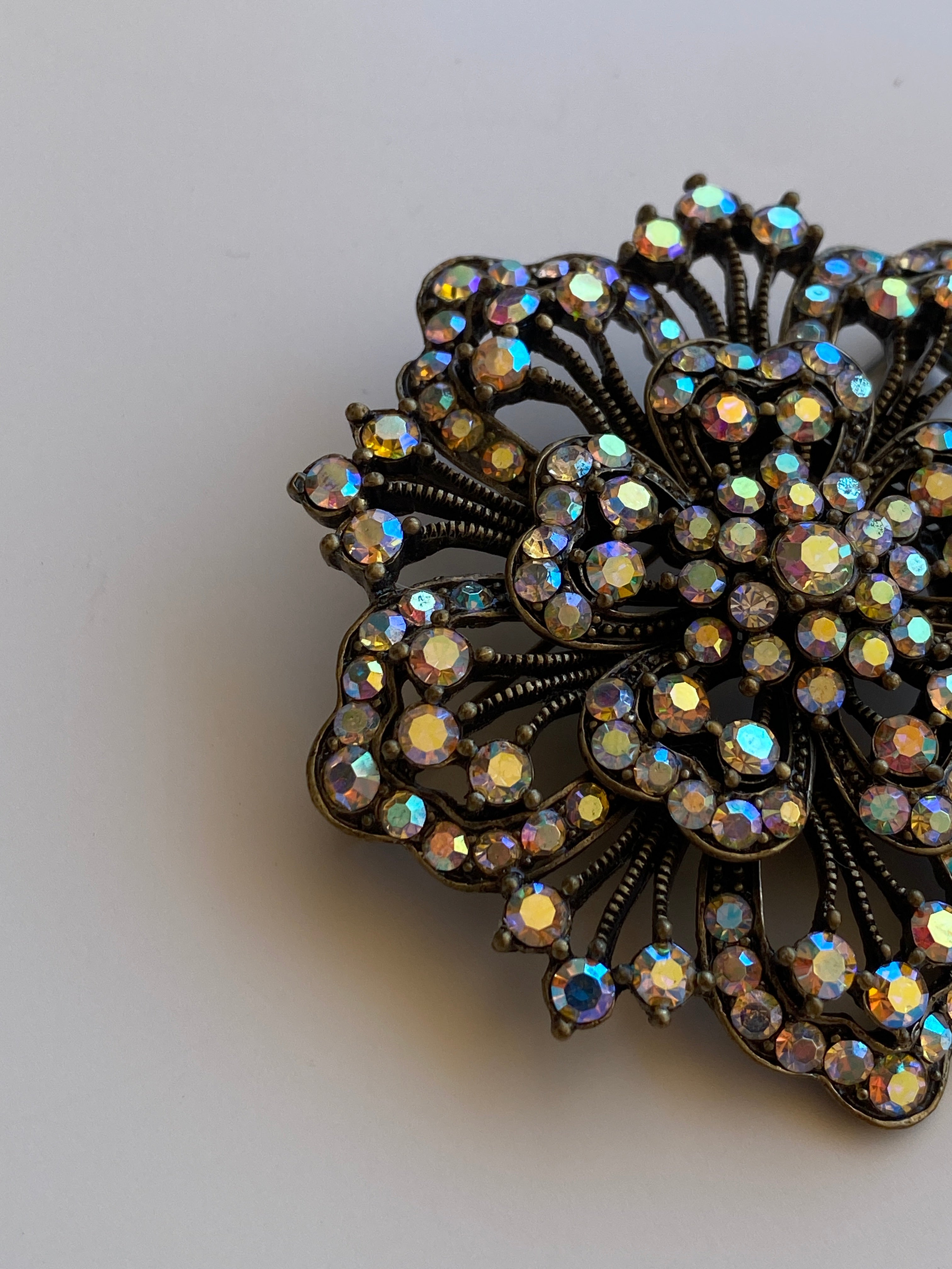 Vintage Aurora Borealis Rhinestone Bronze Floral Statement Brooch