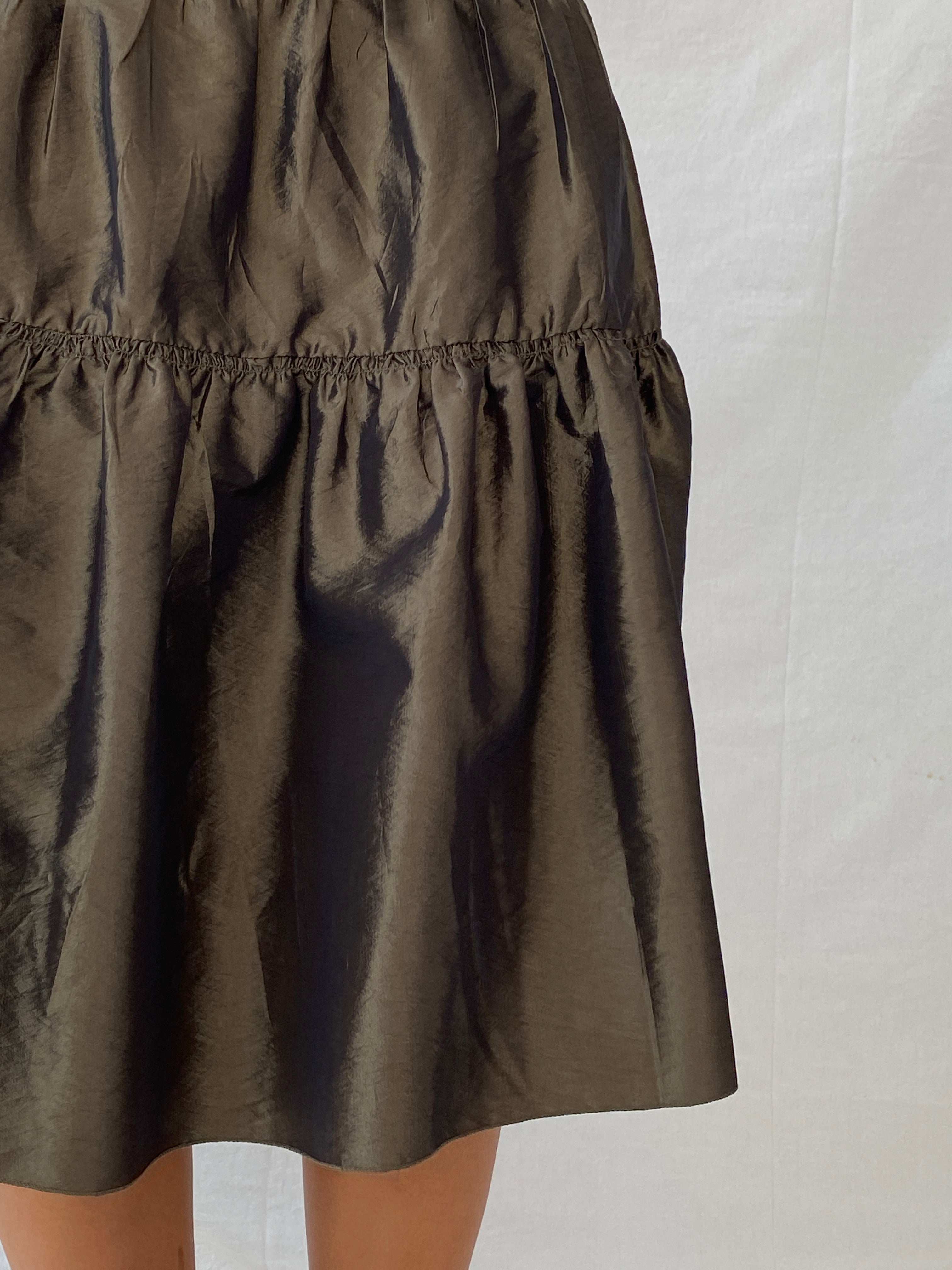 90e Morgan De Toi Metallic Olive Green Tiered Midi Skirt - M - Balagan Vintage Midi Skirt 00s, Lana, maxi skirt, metallic shirt, NEW IN, summer