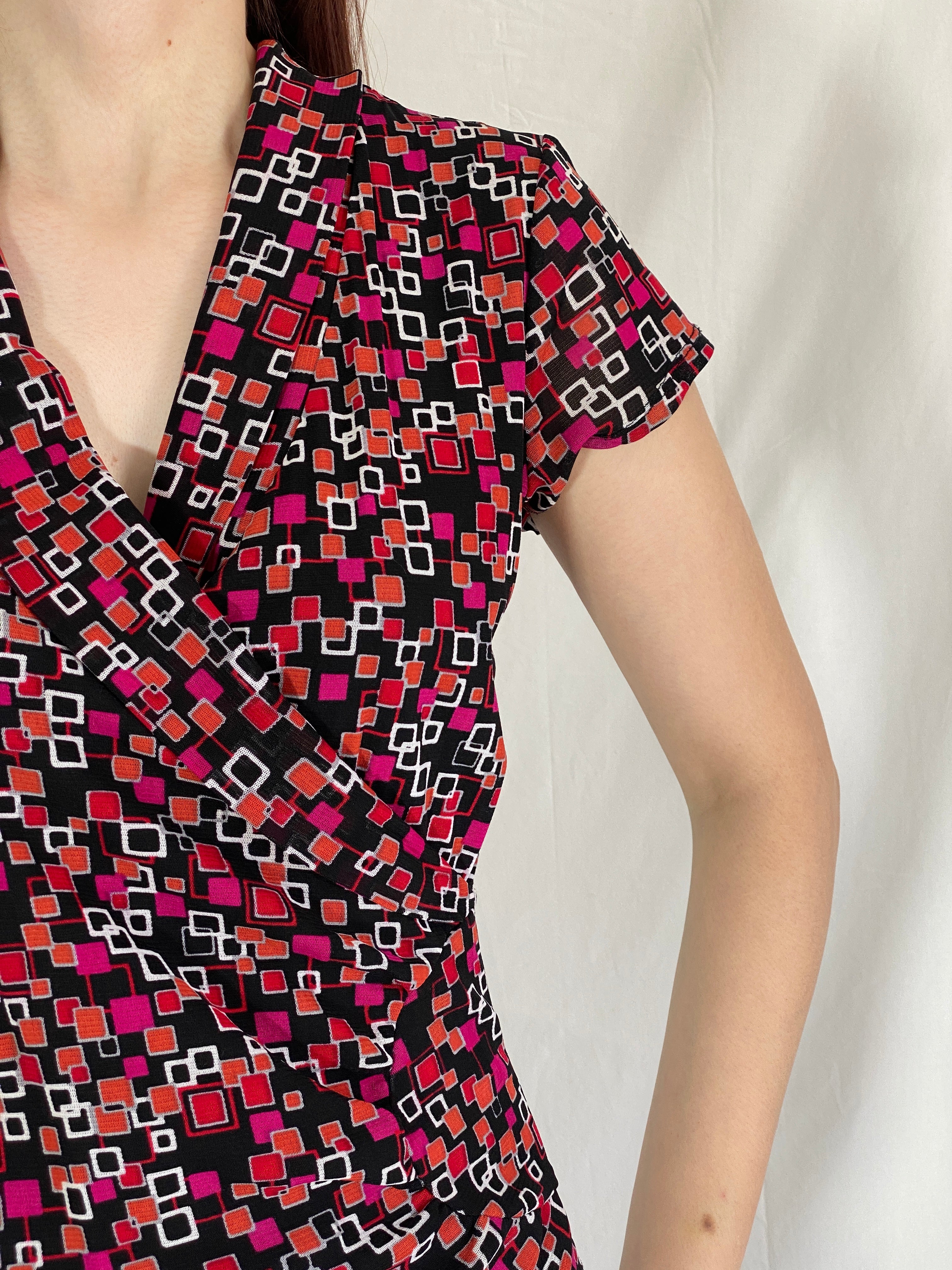 Y2K Marco Polo Ruched Wrap Waist Top Geometric Print Short Sleeve Blouse - M
