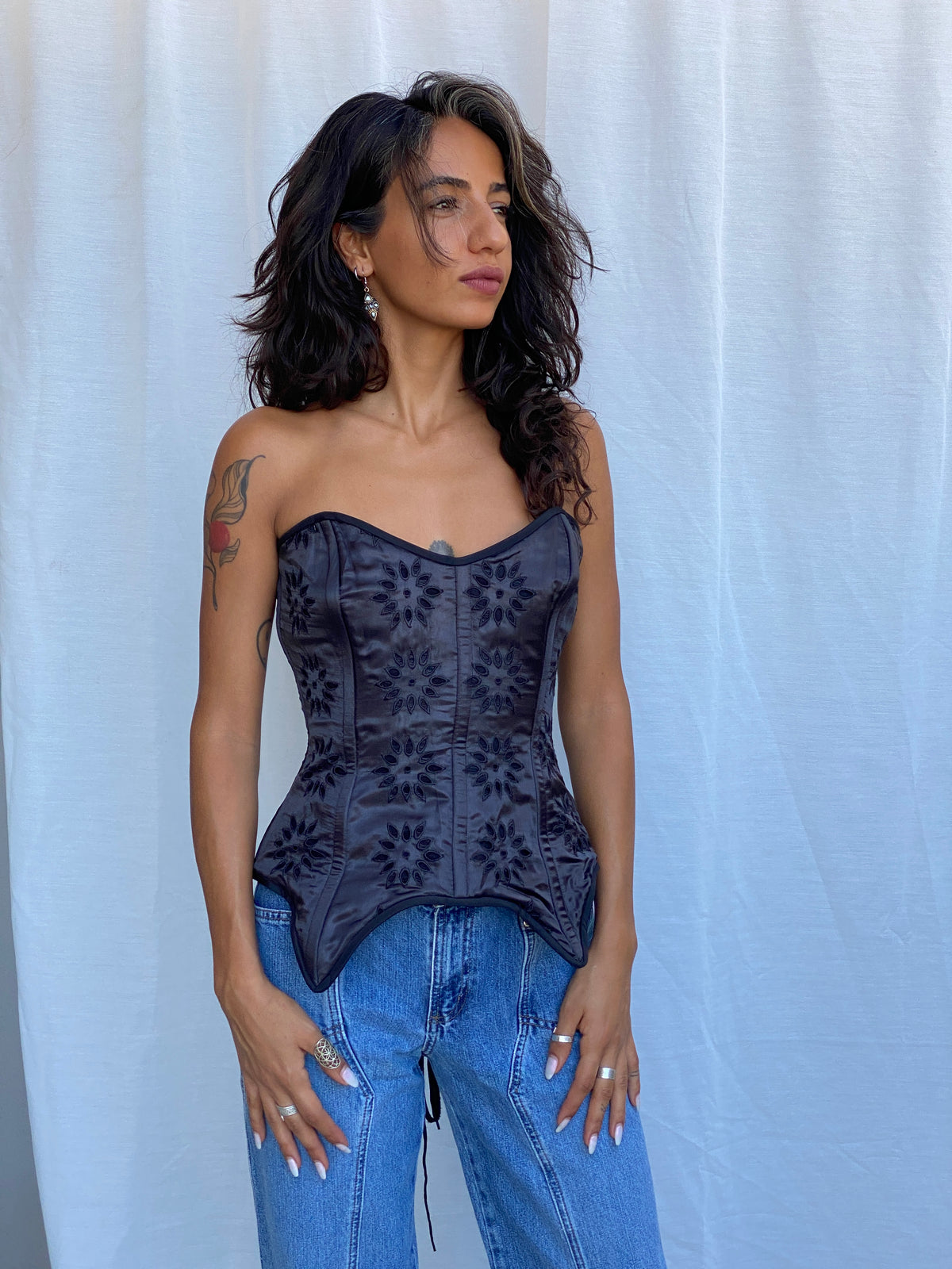 Vintage 2000s Sacrifice Black Satin Floral Embroidered Lace-Up Corset Top – L