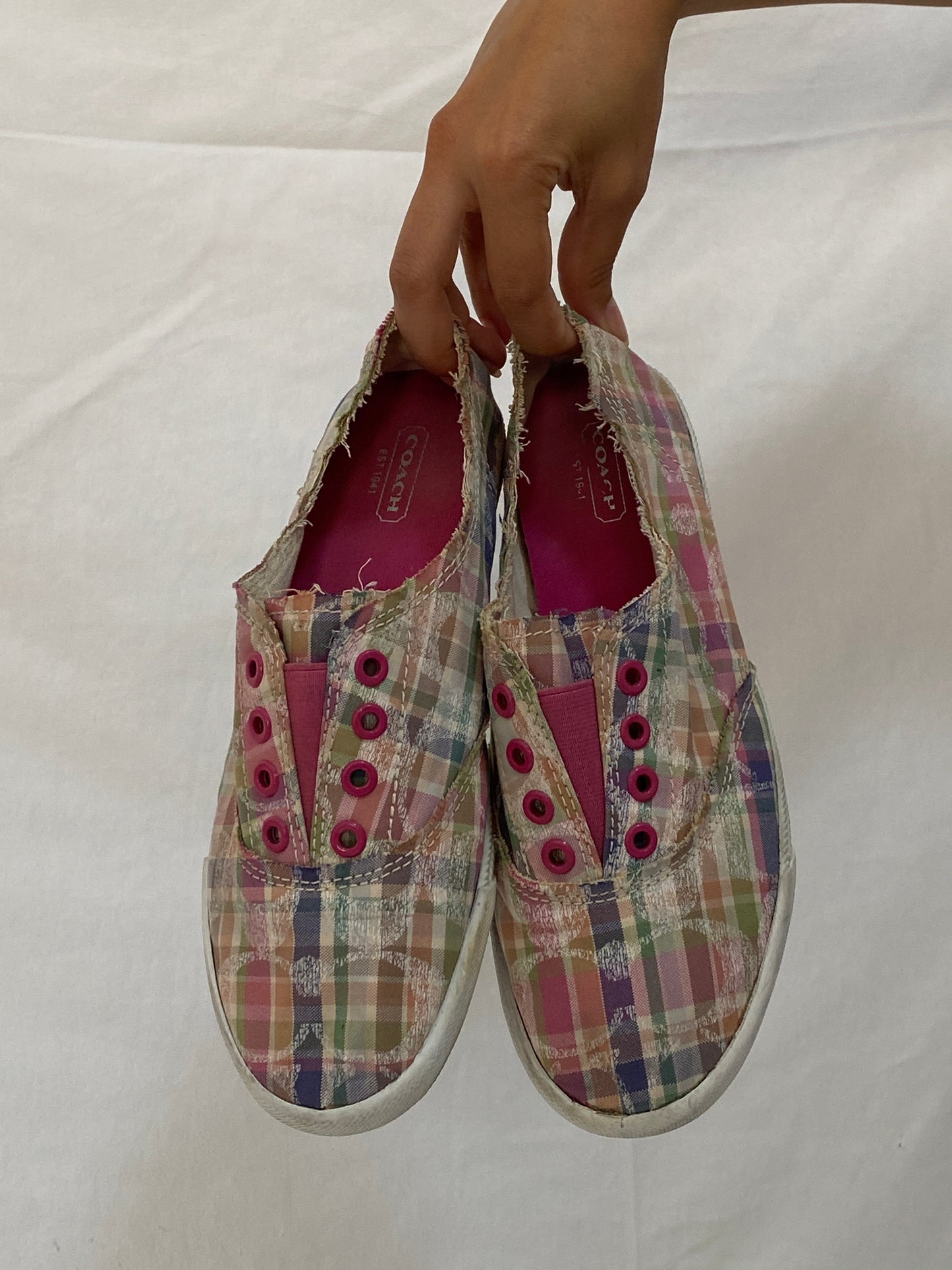 Coach Pink Plaid Distressed Slip-On Sneakers – 38.5 EU