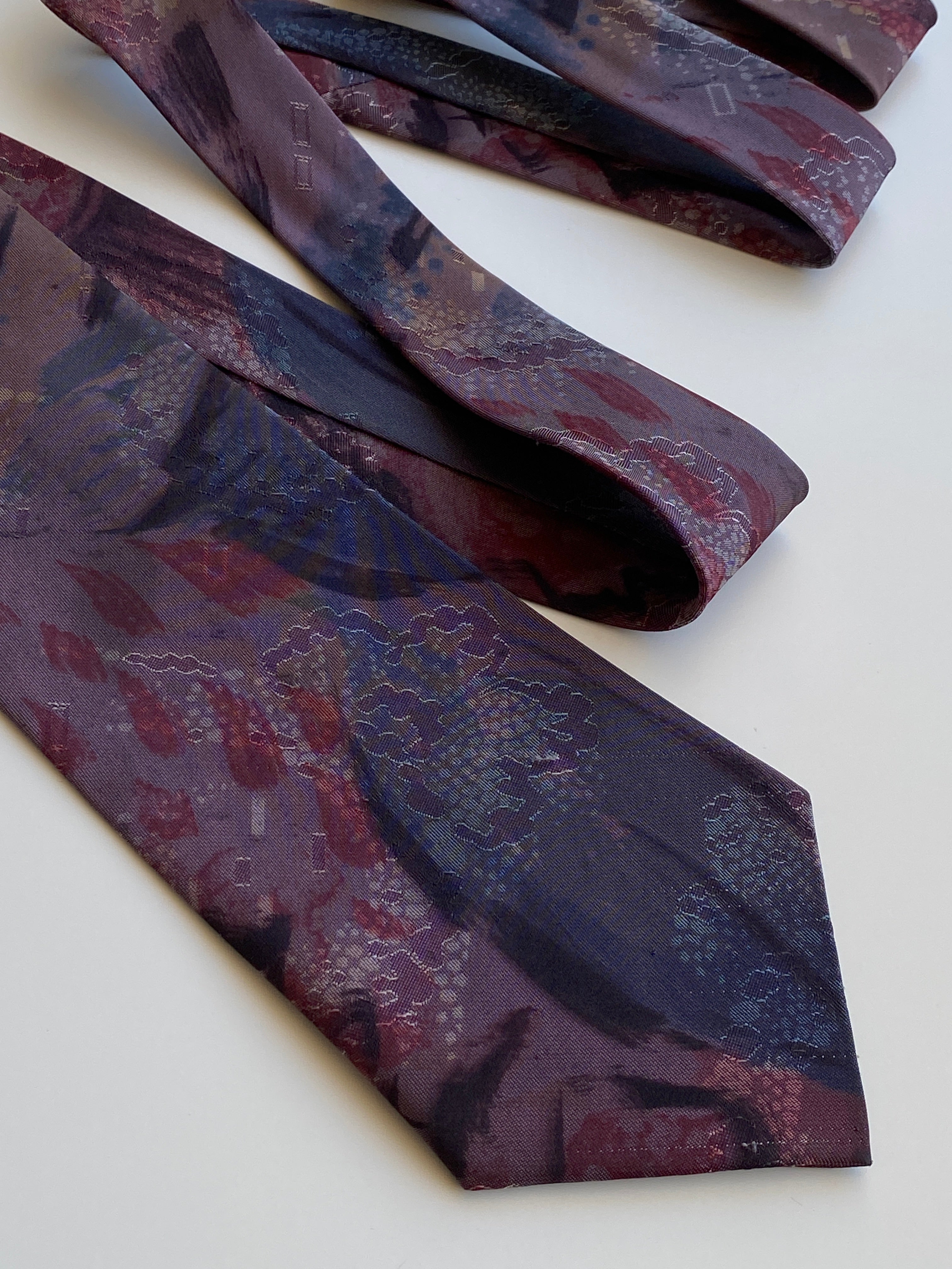 Vintage 1990s Purple Burgundy Tie Abstract Floral Polyester Necktie