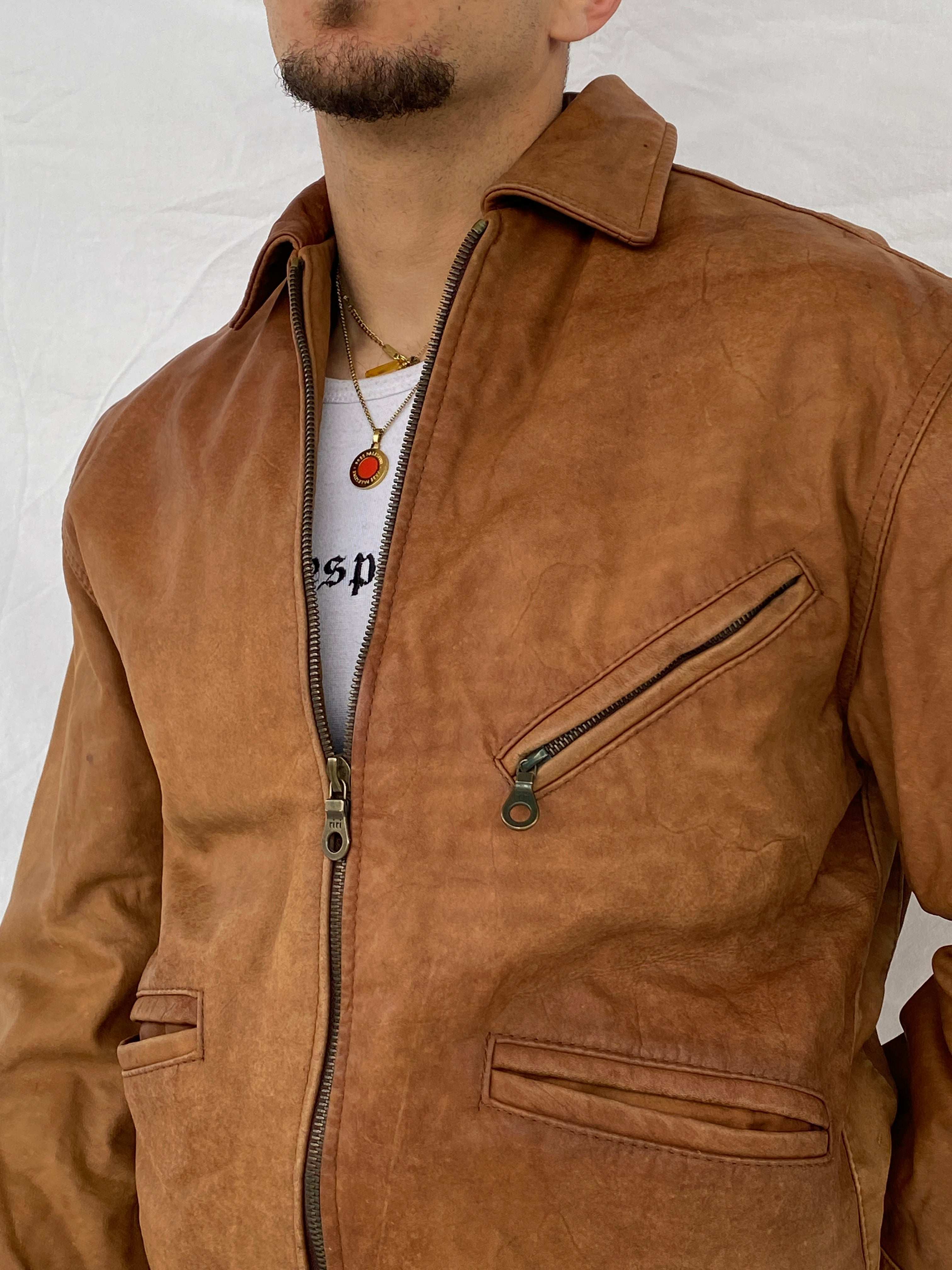 Vintage 90s Riri Zipper Genuine Leather Brown Jacket - Size M
