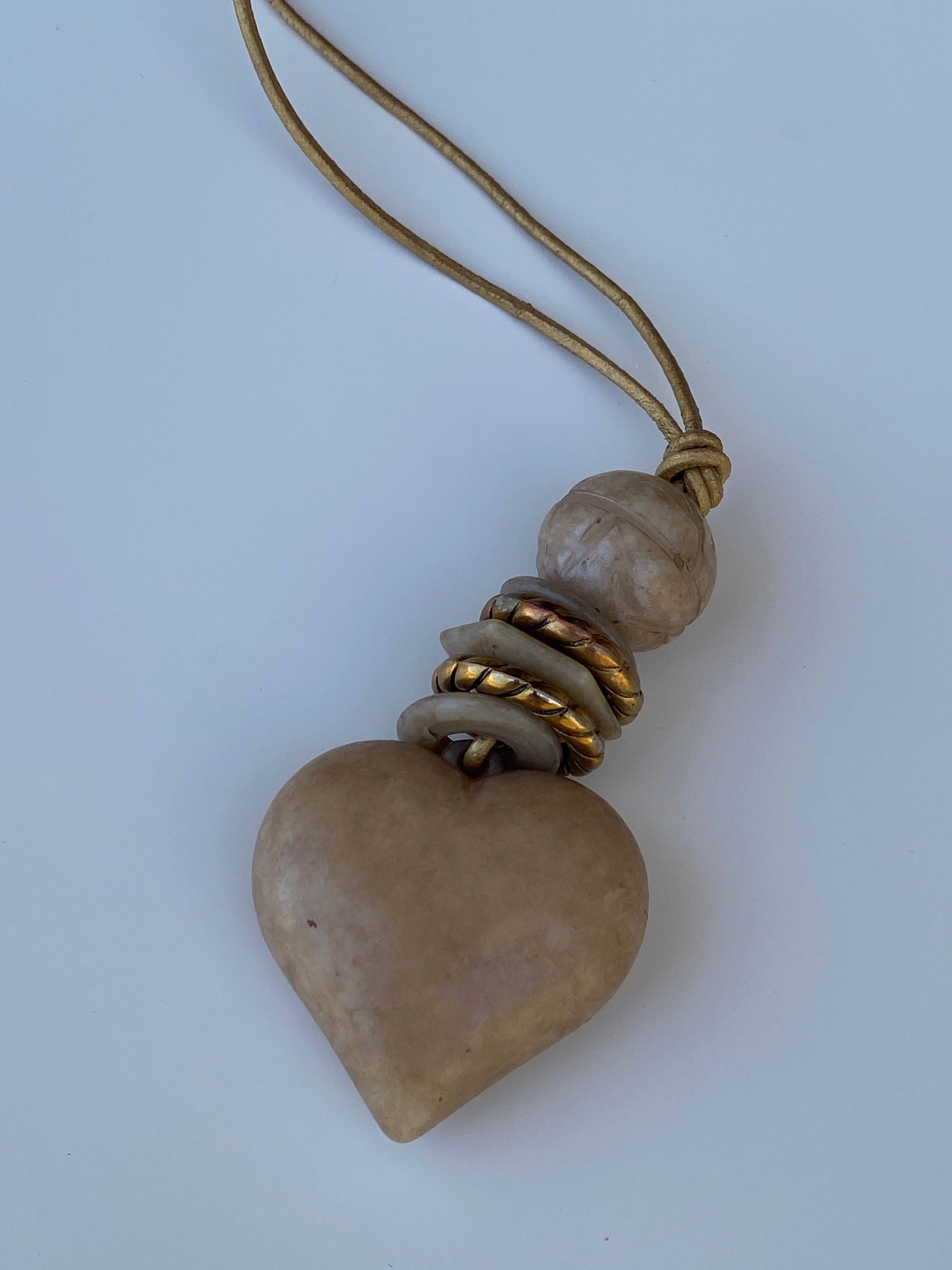 Vintage Artisan Heart Pendant Long Cord Beige Natural Stone Necklace