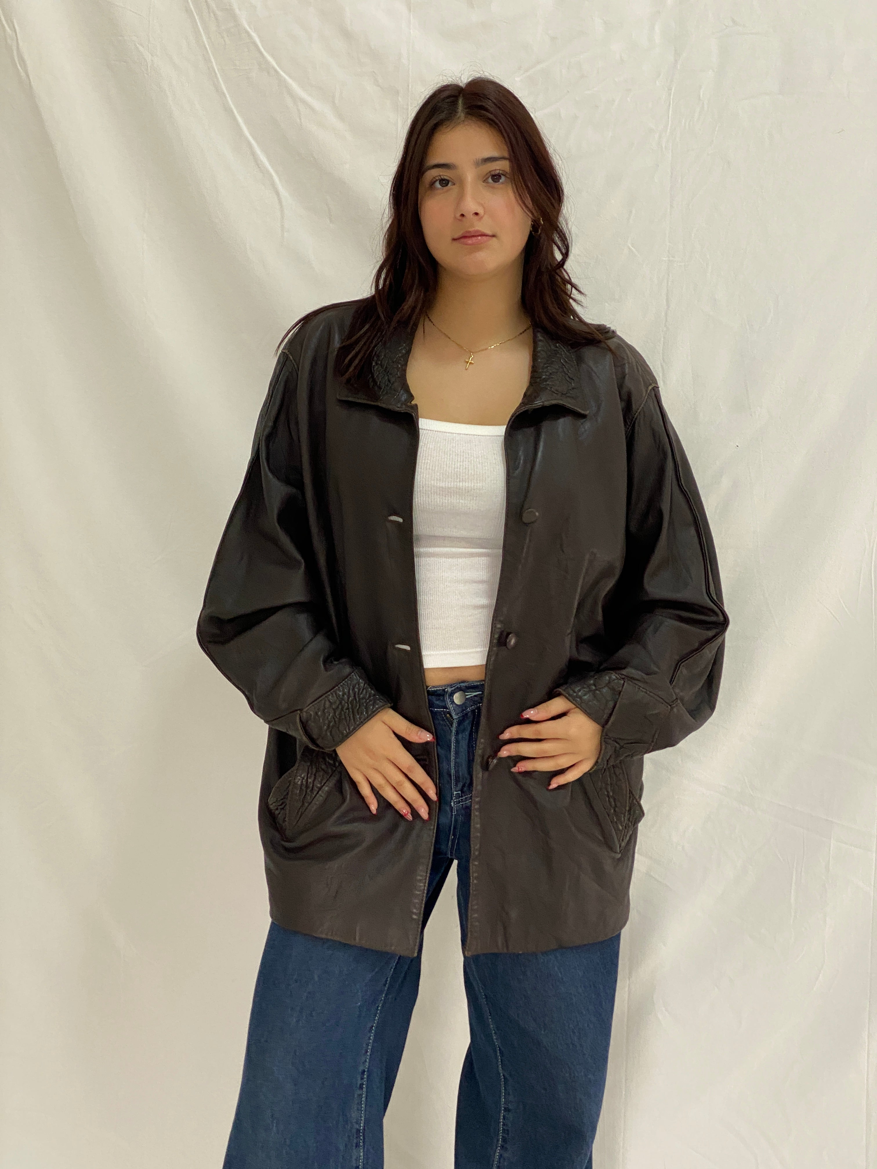 Vintage Brown Leather Coated Oversized Jacket with Textured Collar & Cuff Details - L