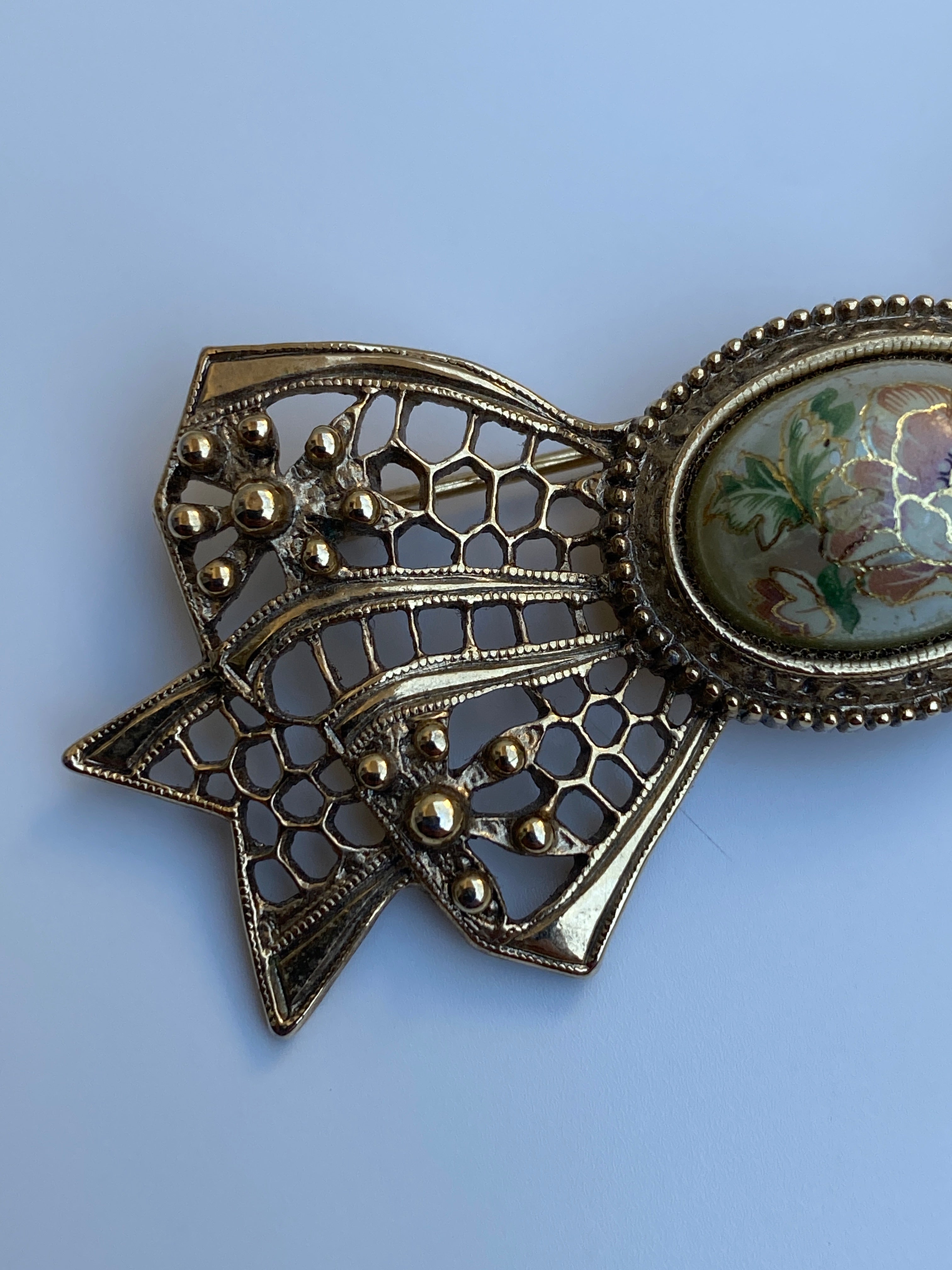 Vintage Victorian Revival Gold Tone Filigree Bow Brooch with Floral Cabochon