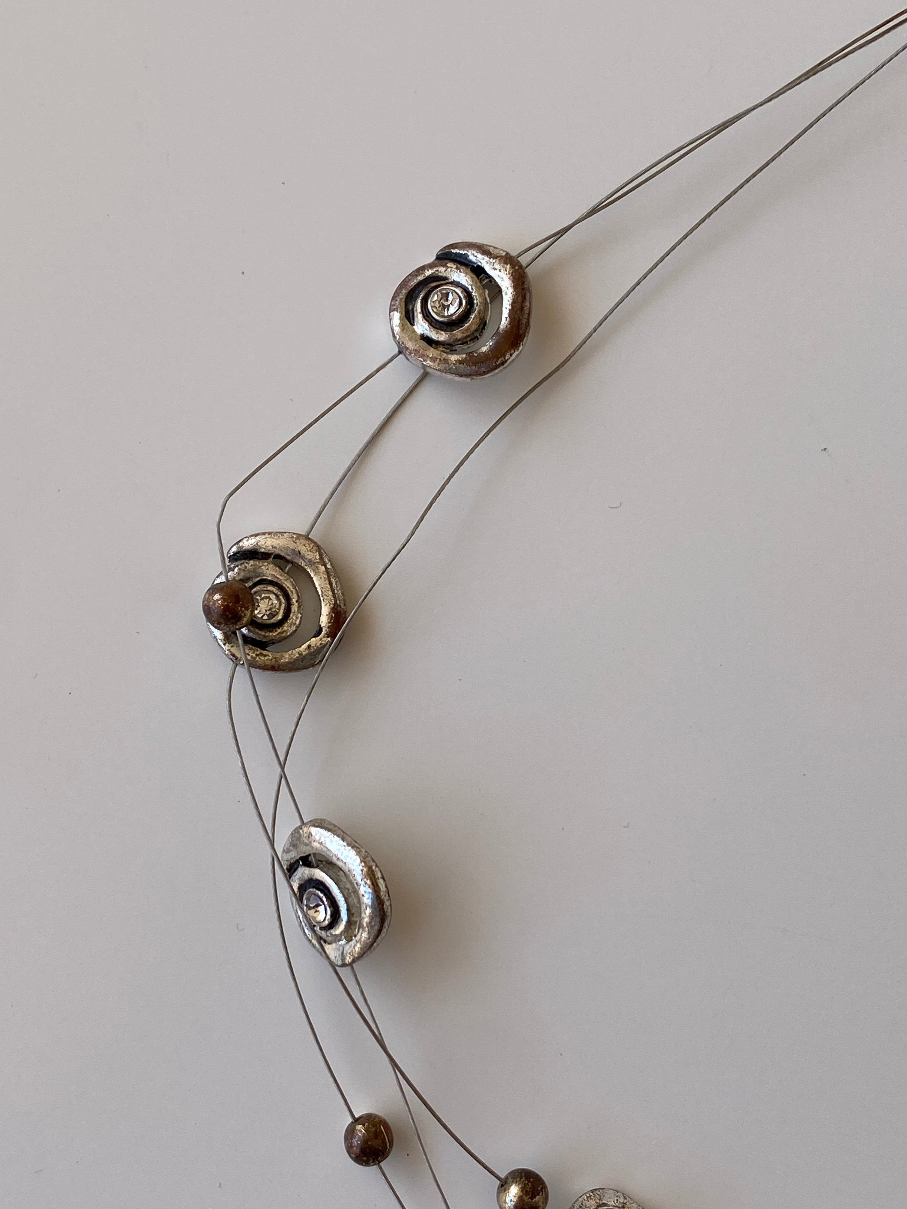 Vintage Y2K Silver Tone Spiral Rose Floating Bead Multi-Strand Wire Necklace