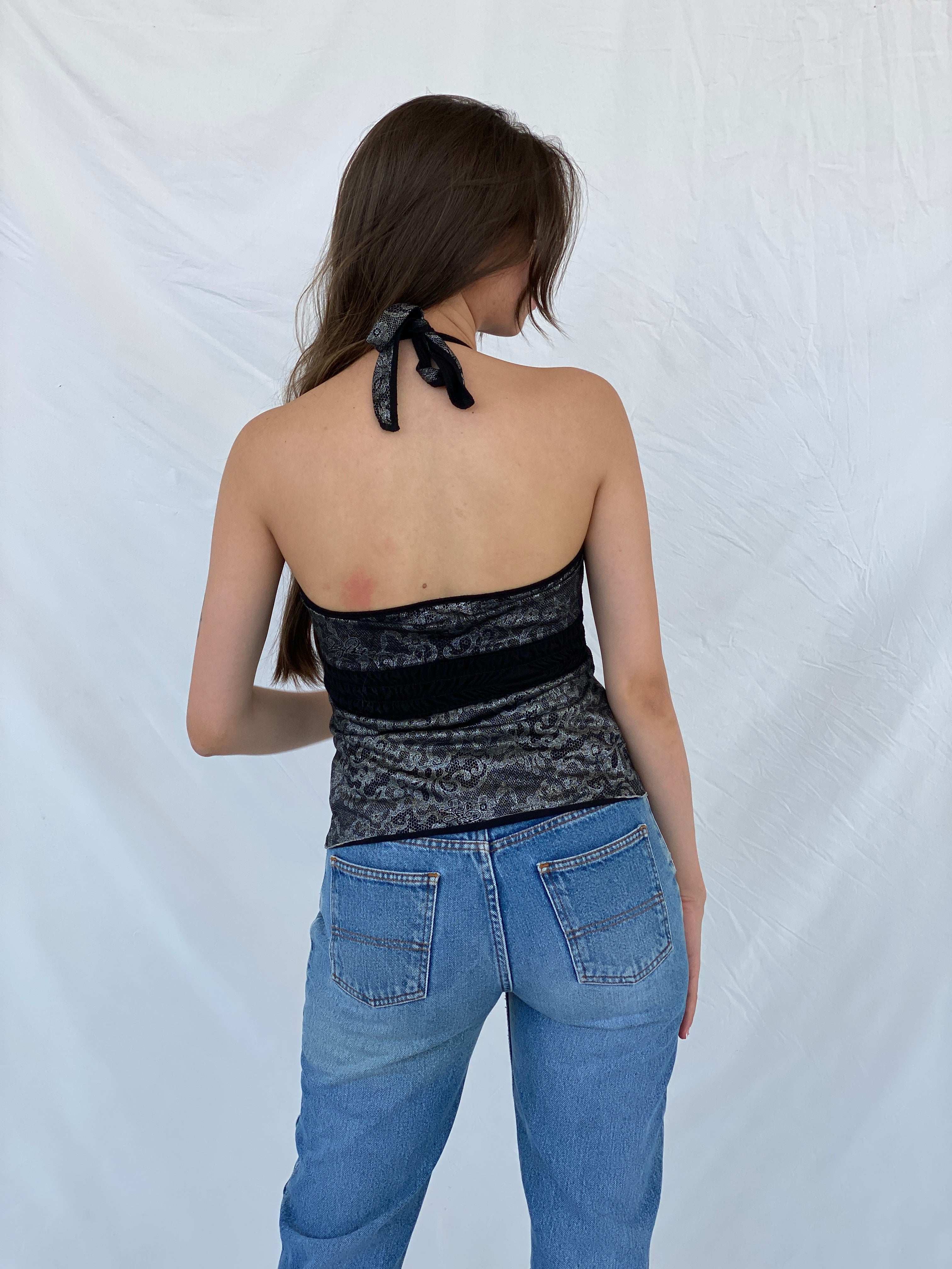 Vintage 90s/00s Baby Phat Black and Silver Floral Halter Top - M - Balagan Vintage Halter Top 00s, 90s, halter top, Mira, NEW IN, shimmer