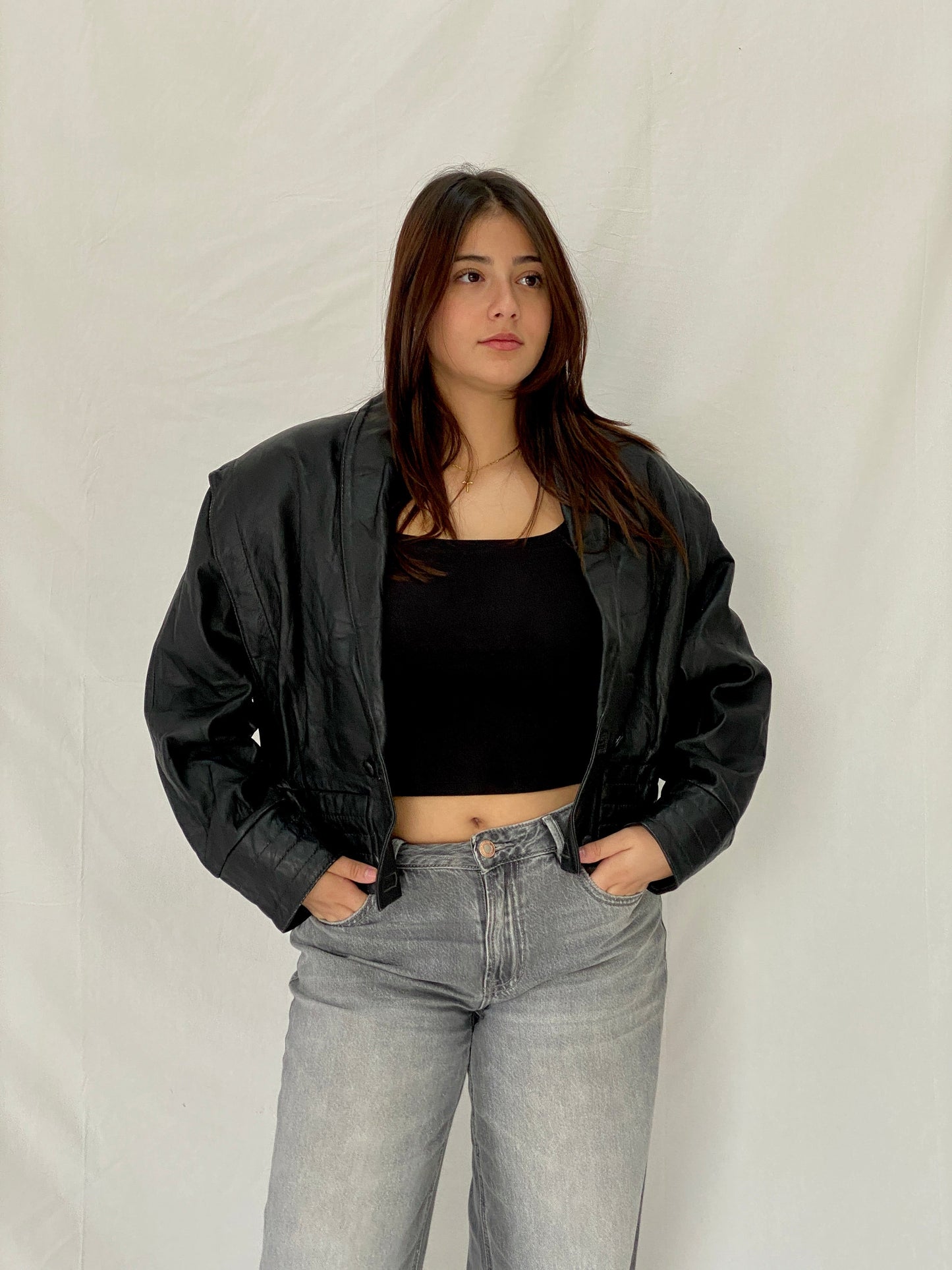 Vintage 80s Greek Kelesidi Leather Bomber Jacket Black Power Shoulder Blazer - M