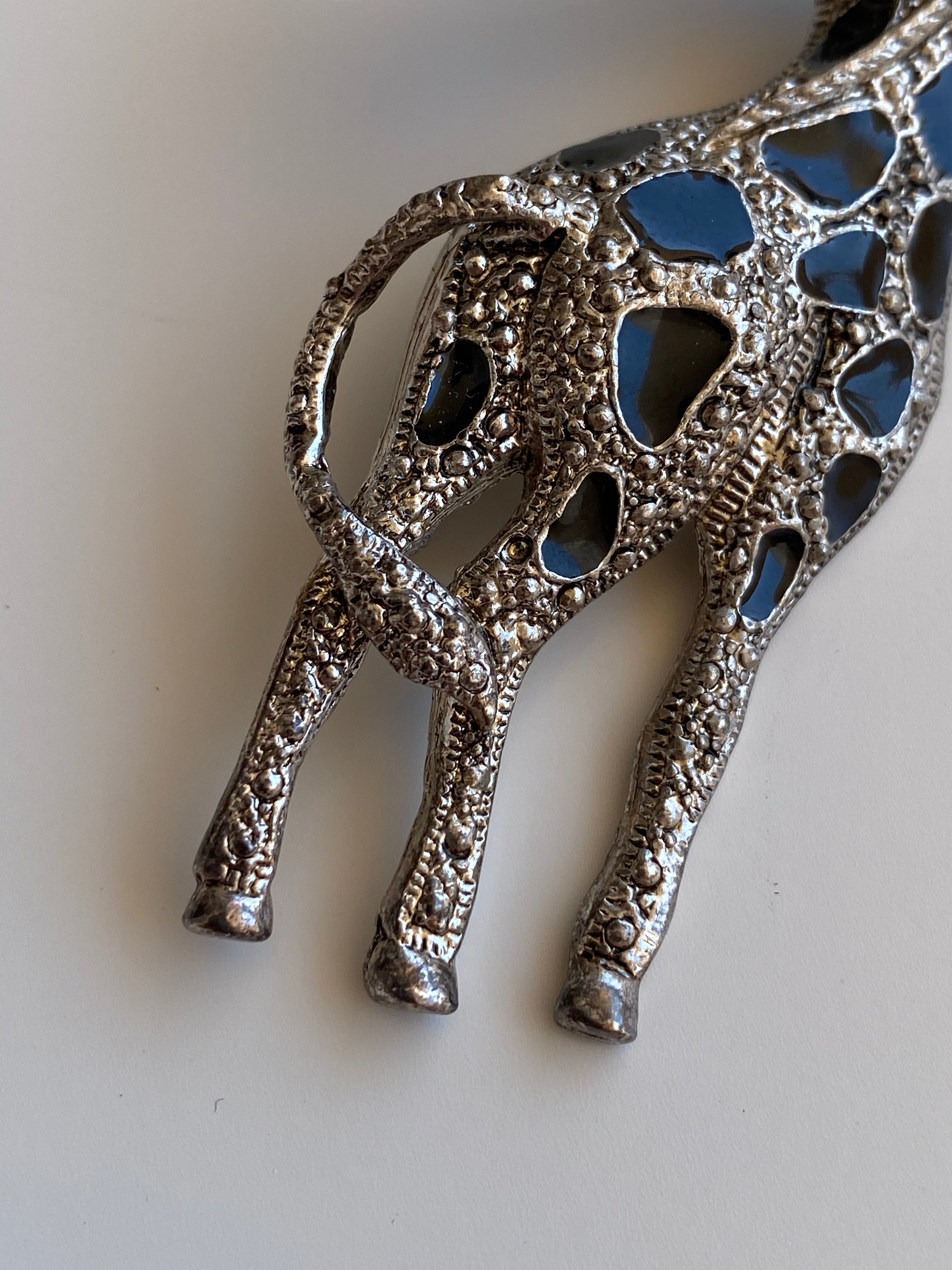 Vintage Silver-Tone Black Enamel & Rhinestone Giraffe Brooch