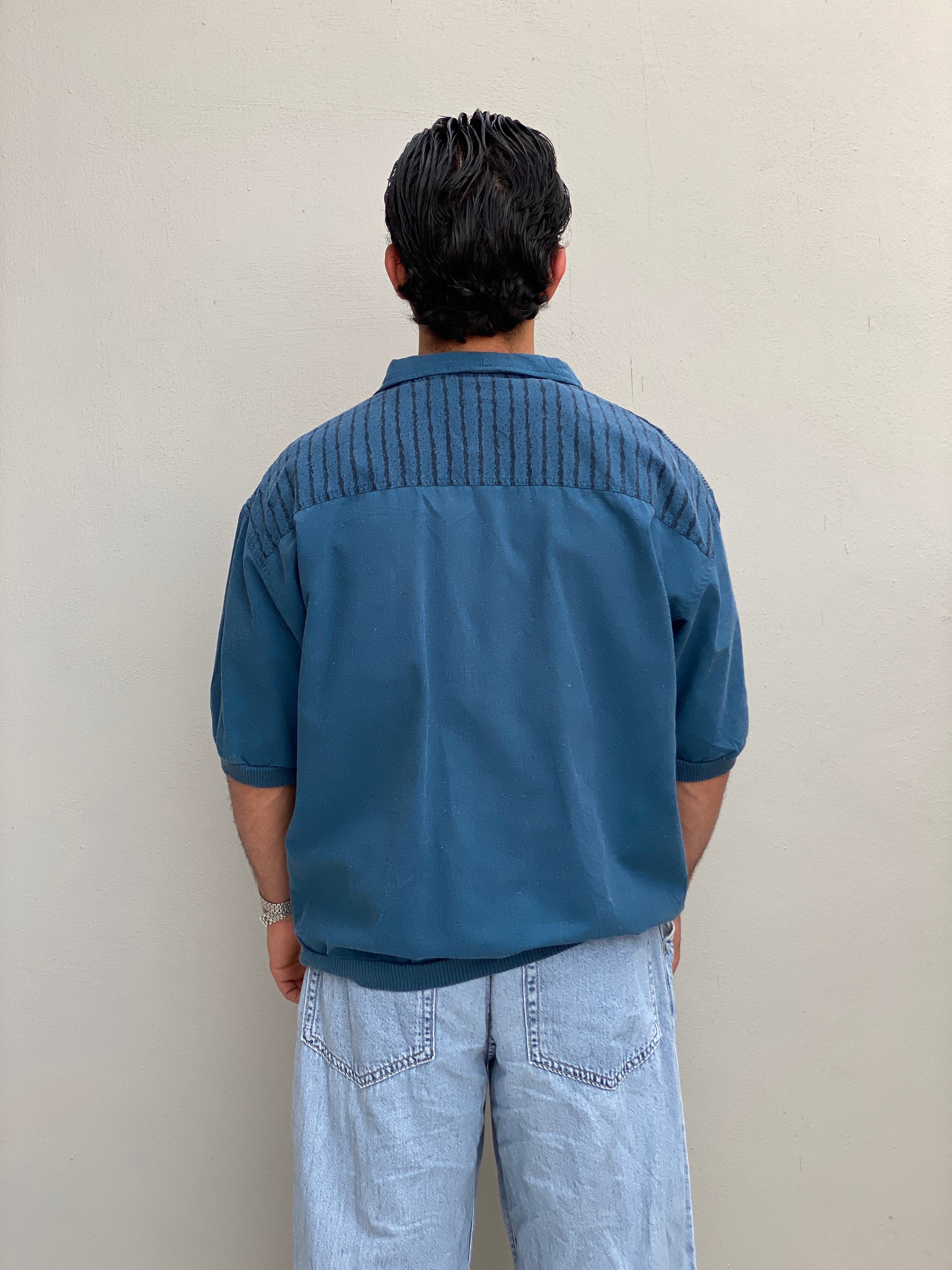 Vintage 90s Blue Men’s Quarter Zip Textured Cotton Blend Pullover Top – M