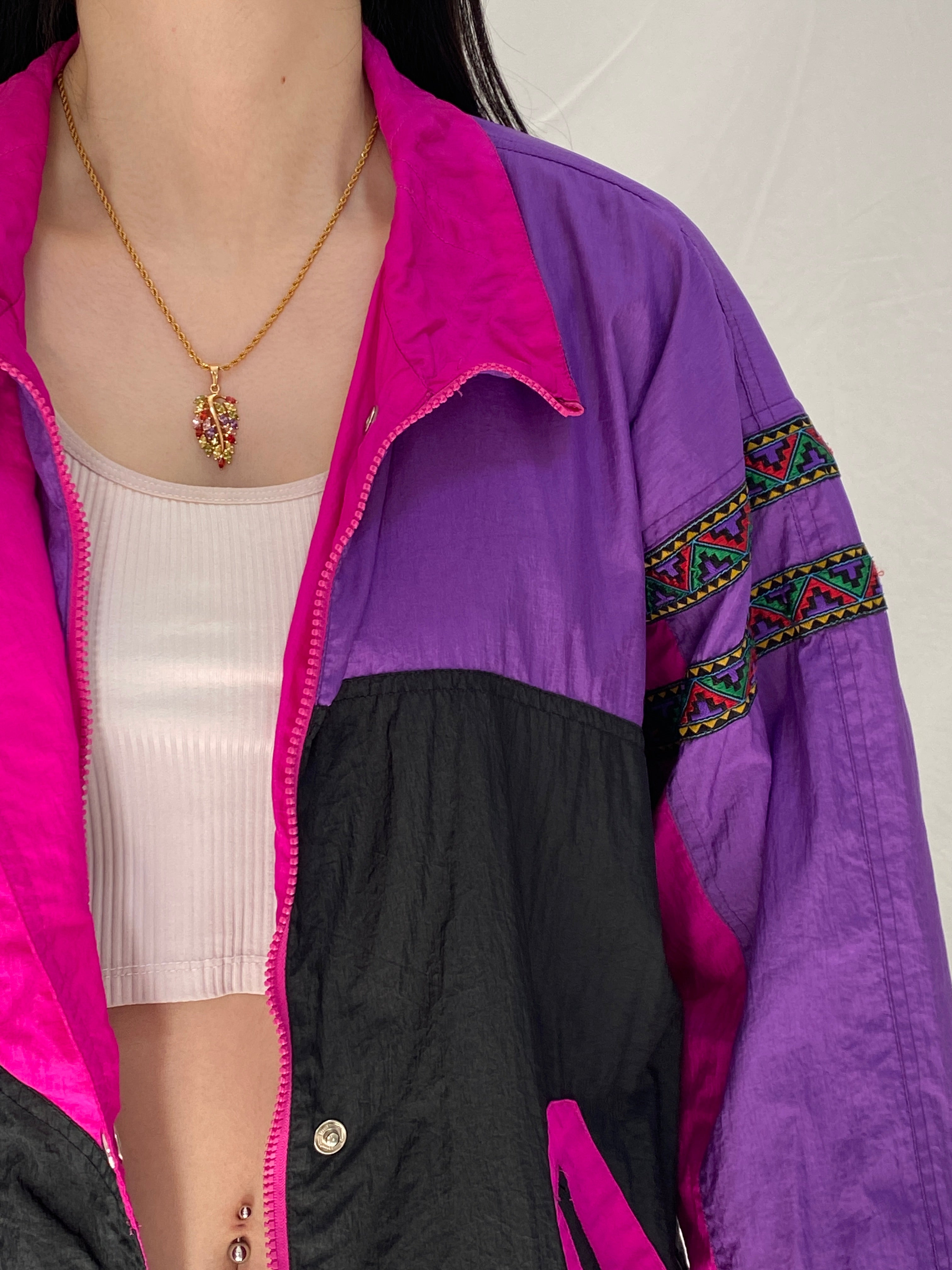 Vintage Andy Johns Colorblock Windbreaker Jacket - 90s Retro Purple Pink Black Oversized Lightweight Track Jacket - L
