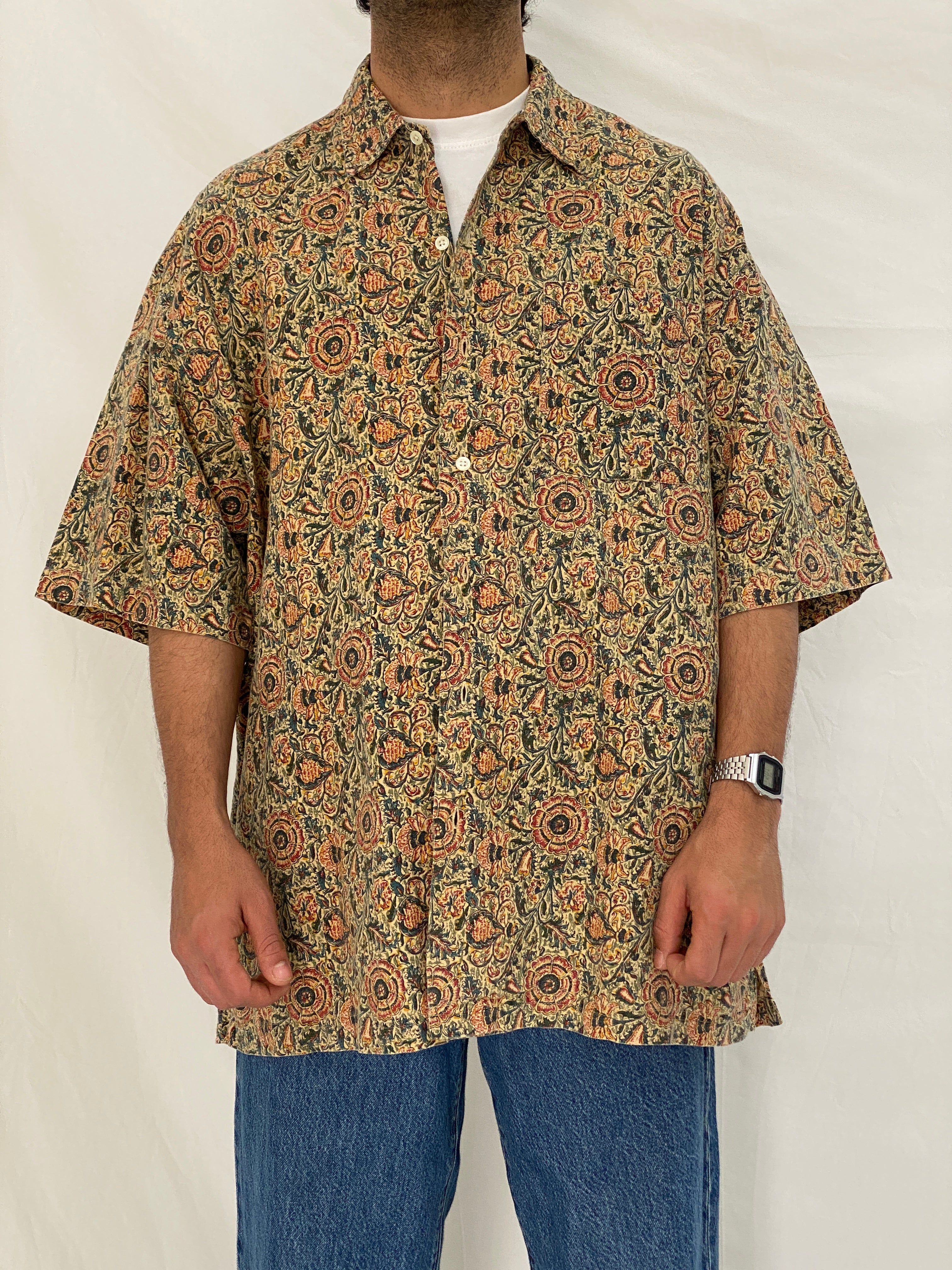 Vintage 90s Britches Floral Linen Cotton Blend Shirt Beige Botanical Button Up – XL