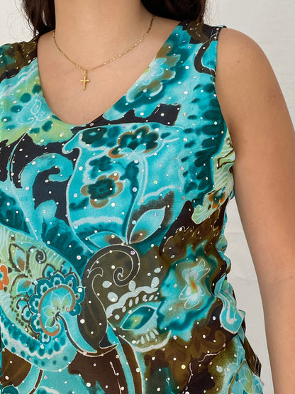 Y2K Abstract Turquoise Mesh Tank French Rhinestone Top – XL