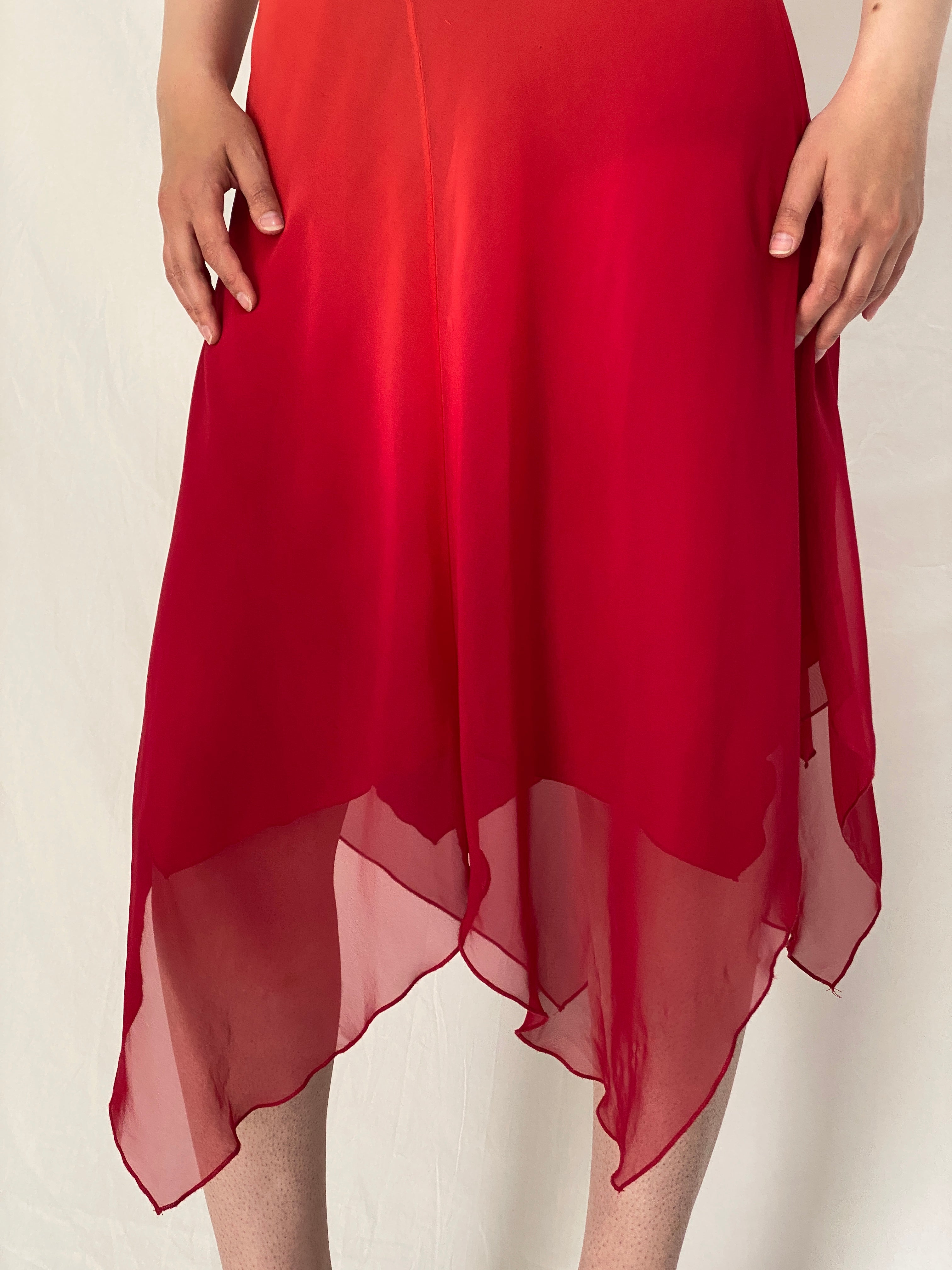 Vintage 90s BAY Red Orange Ombre Chiffon Midi Wedding Guest Dress – M