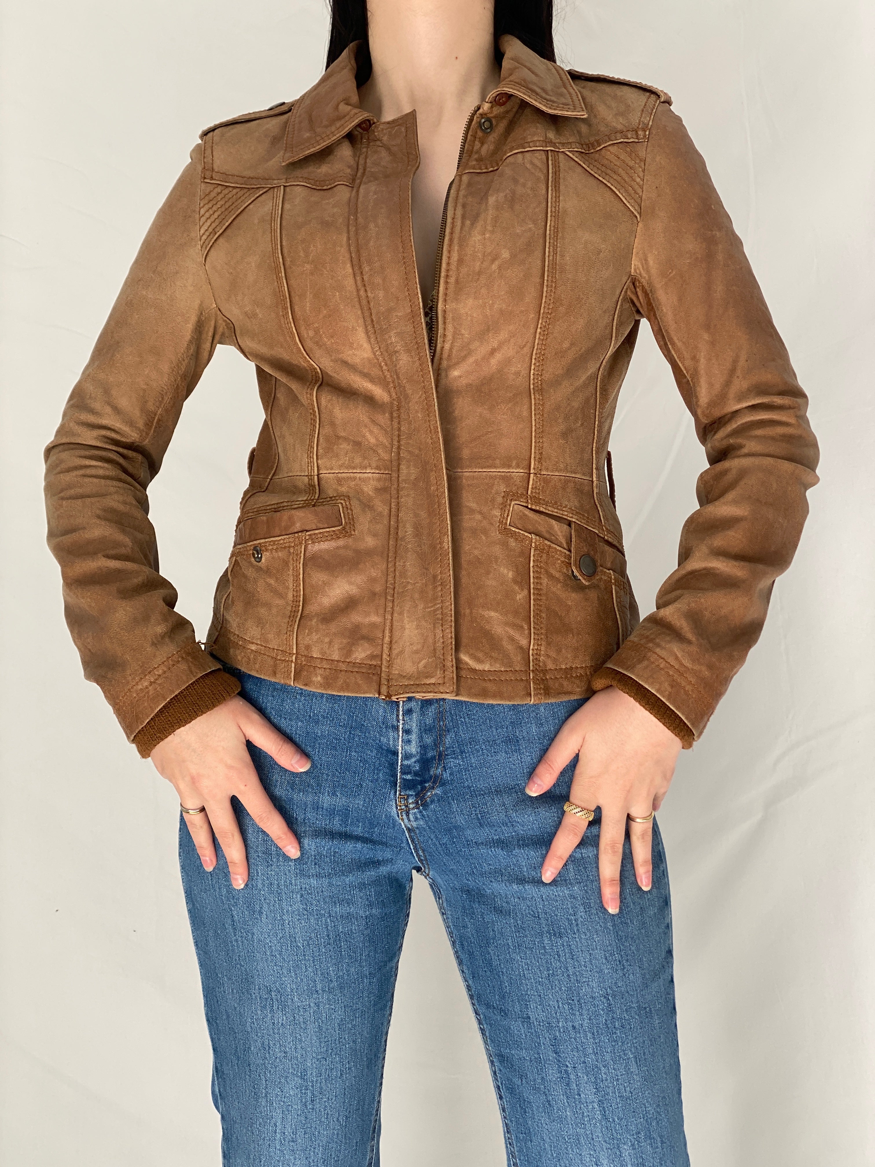 Vintage Y2K Stradivarius Brown Real Leather Moto Fitted Jacket - S