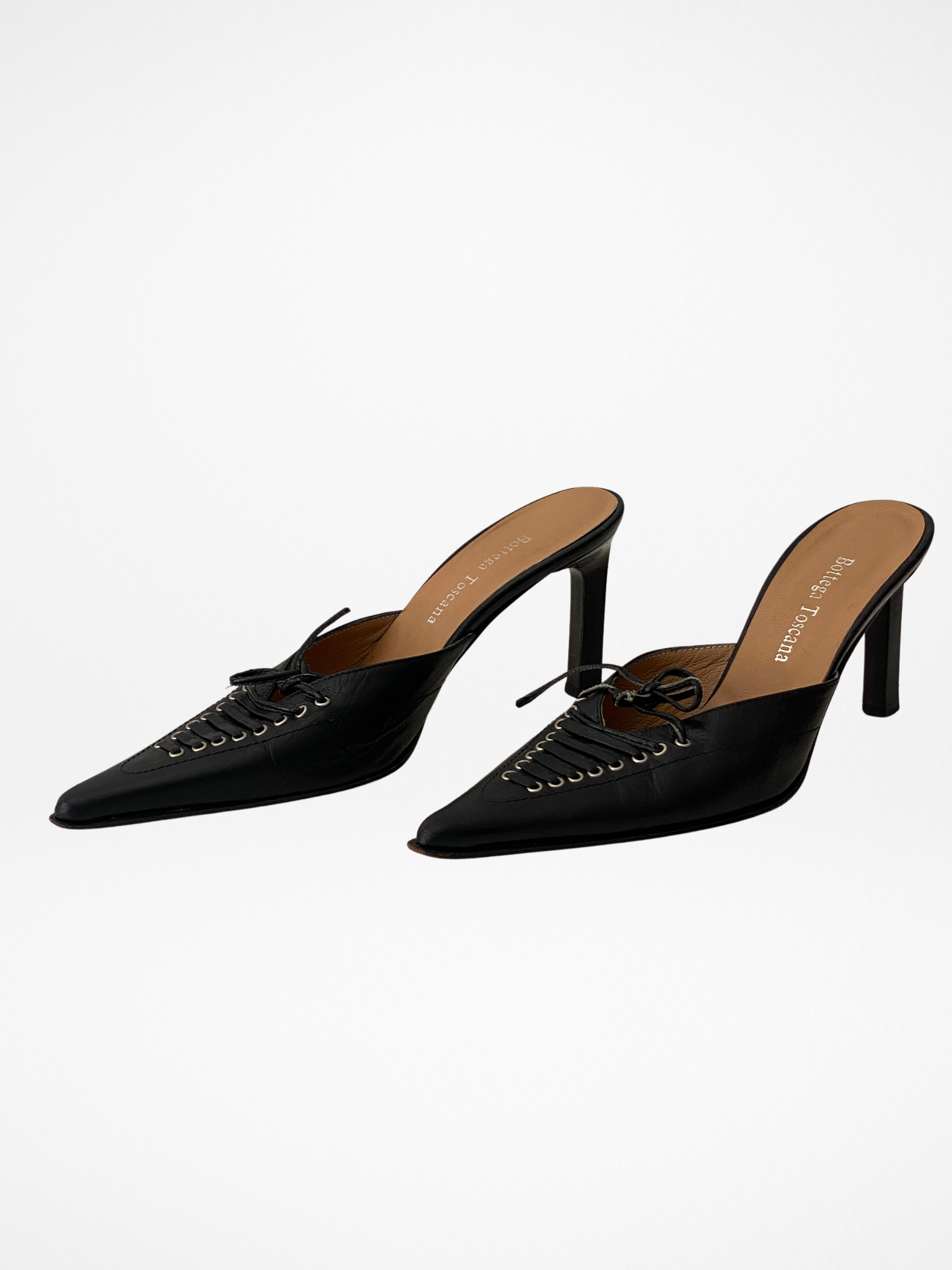 Vintage Bottega Toscana Black Leather Lace-Up Pointed Mule Pumps – 38 EU