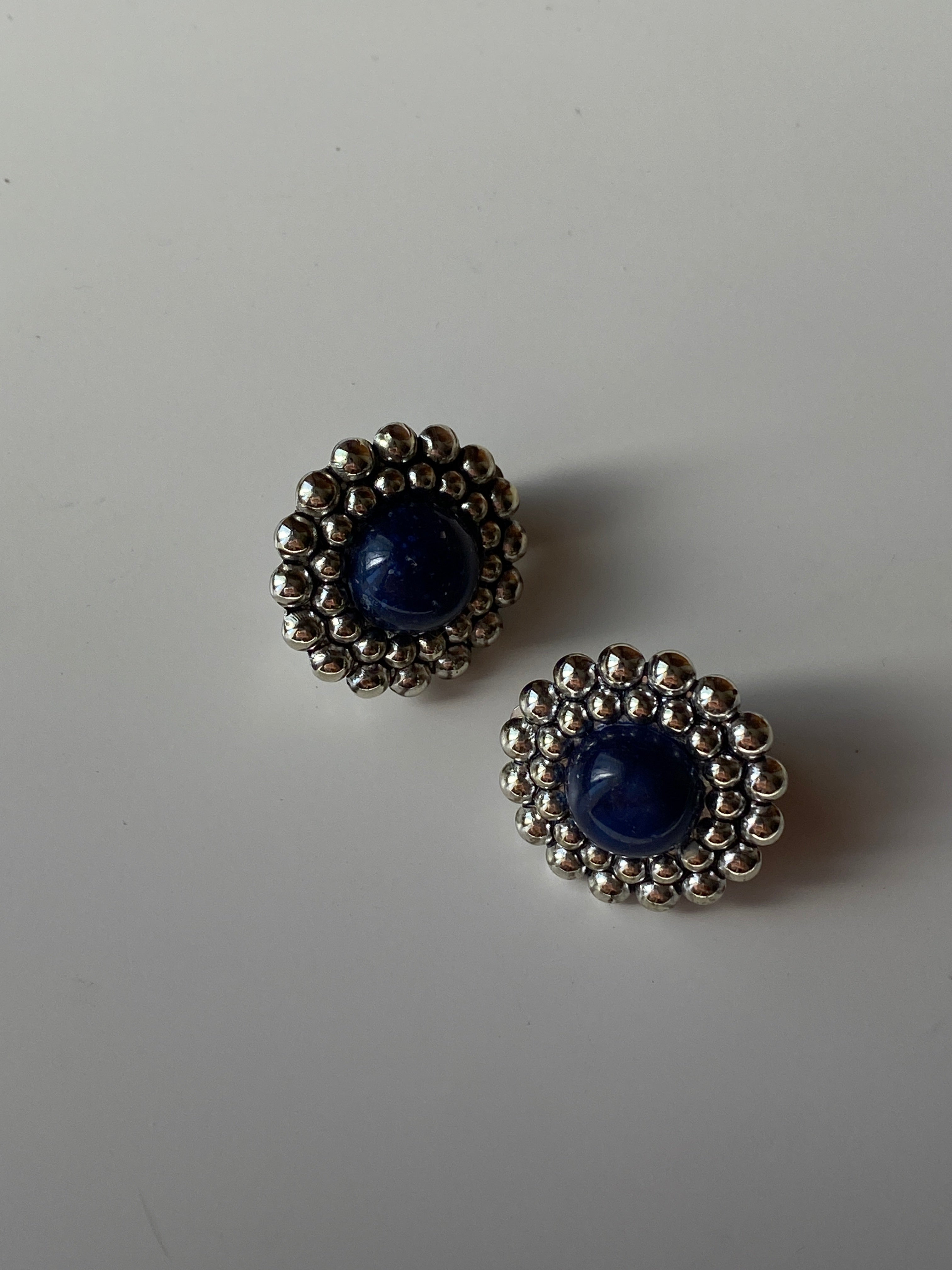 Vintage Blue Cabochon Clip-On Earrings Silver Tone Statement Jewelry