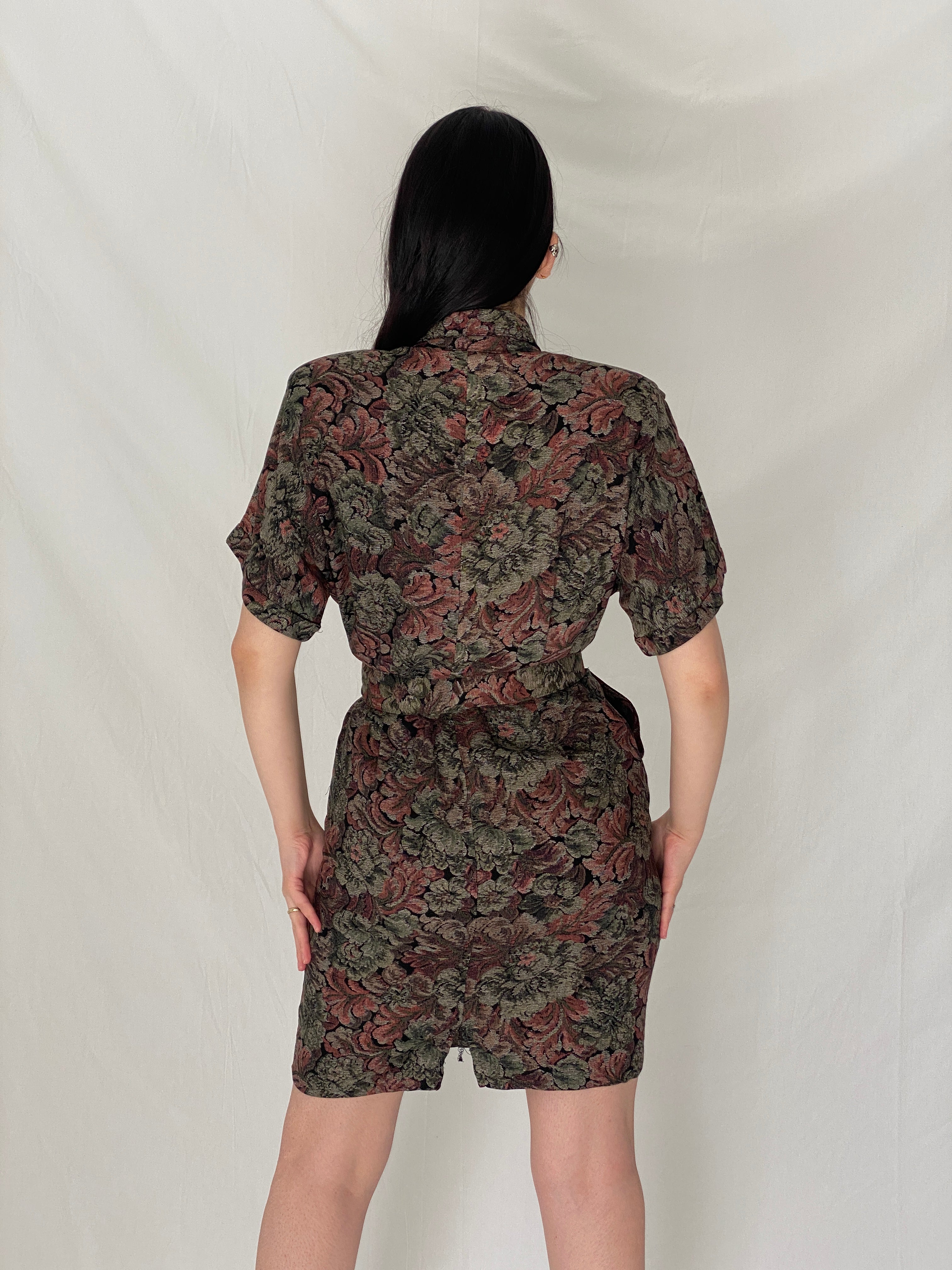 Vintage 90s Positive Influence Floral Belted Earth Tone Tapestry Mini Dress - S