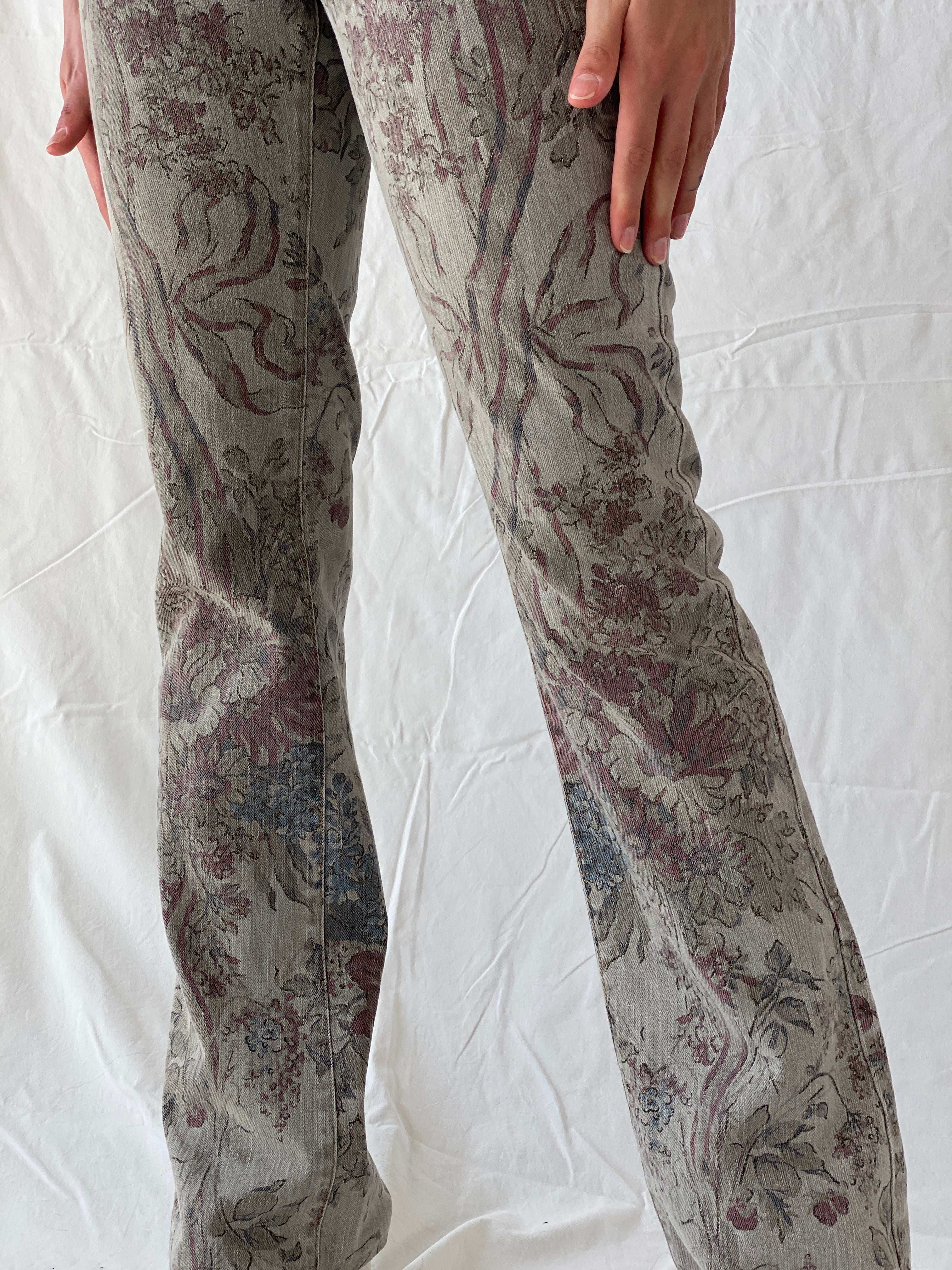 Just Cavalli Grey Floral Printed Denim Glitter Detail Bootcut Jeans