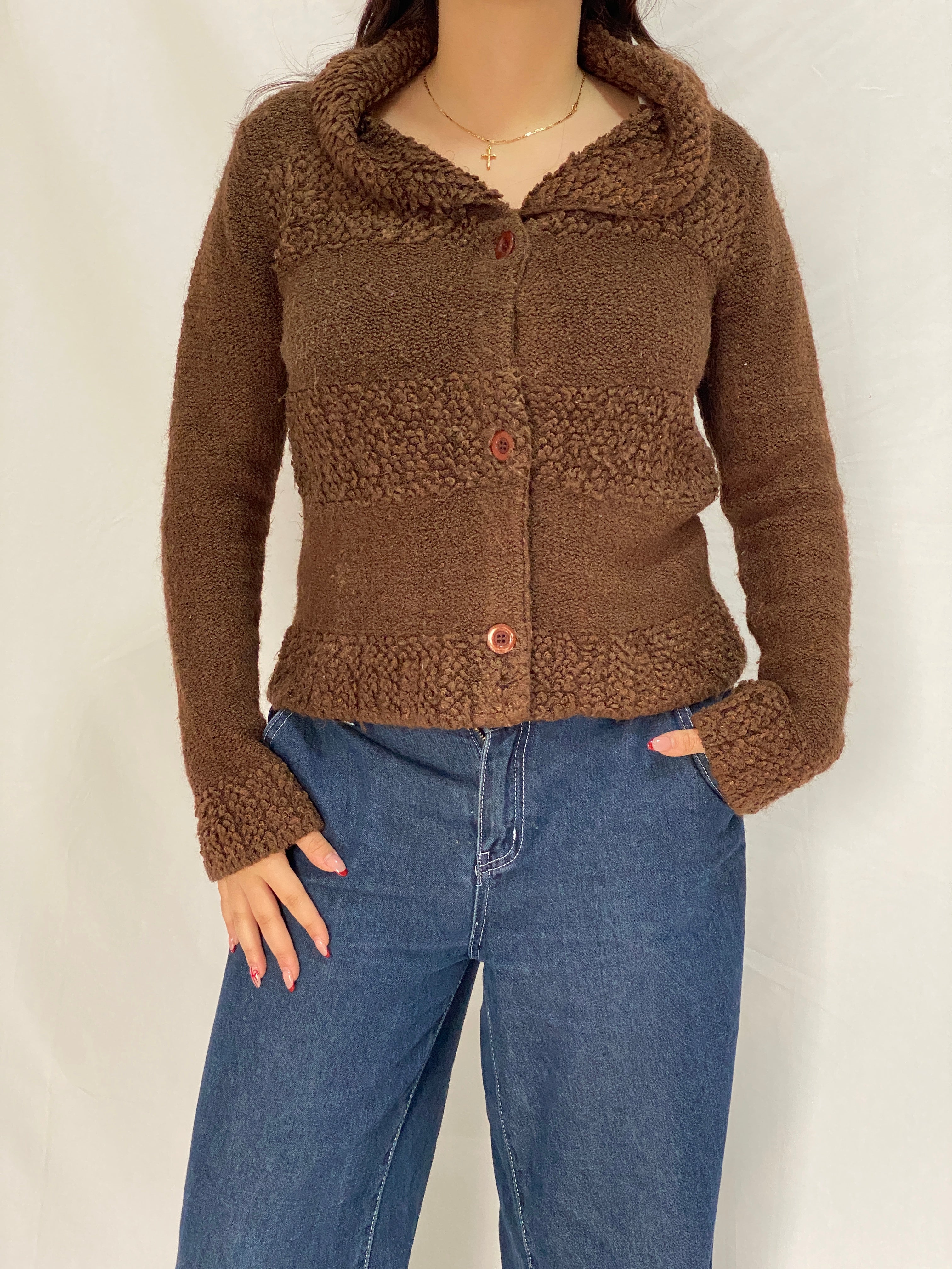 Vintage Brown Teddy Knit Jacket FD Feider Button-Up Cozy Cardigan - M