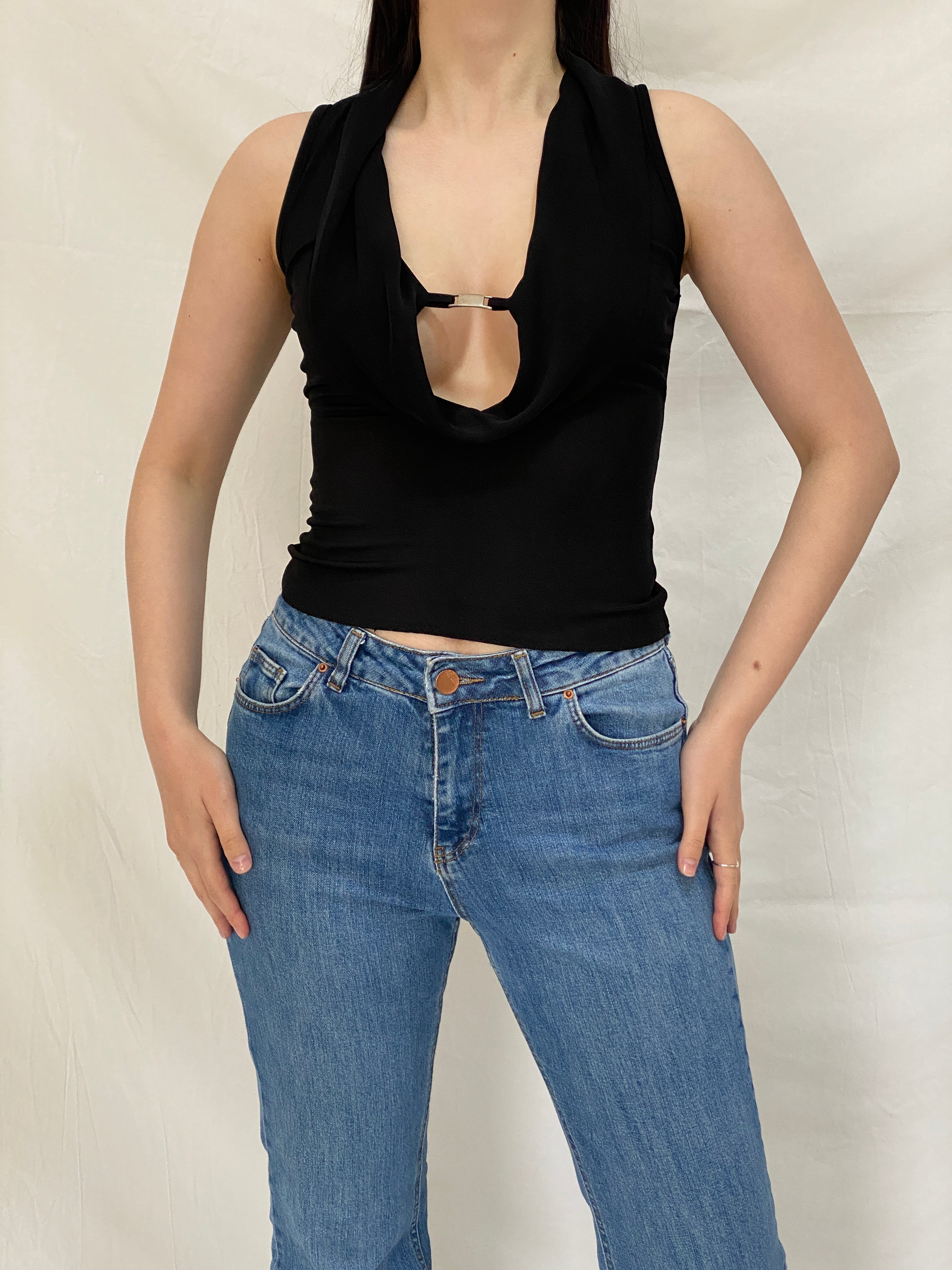 Vintage Y2K Black Sheer Cowl Neck Party Sleeveless Minimalist Club wear Top - S