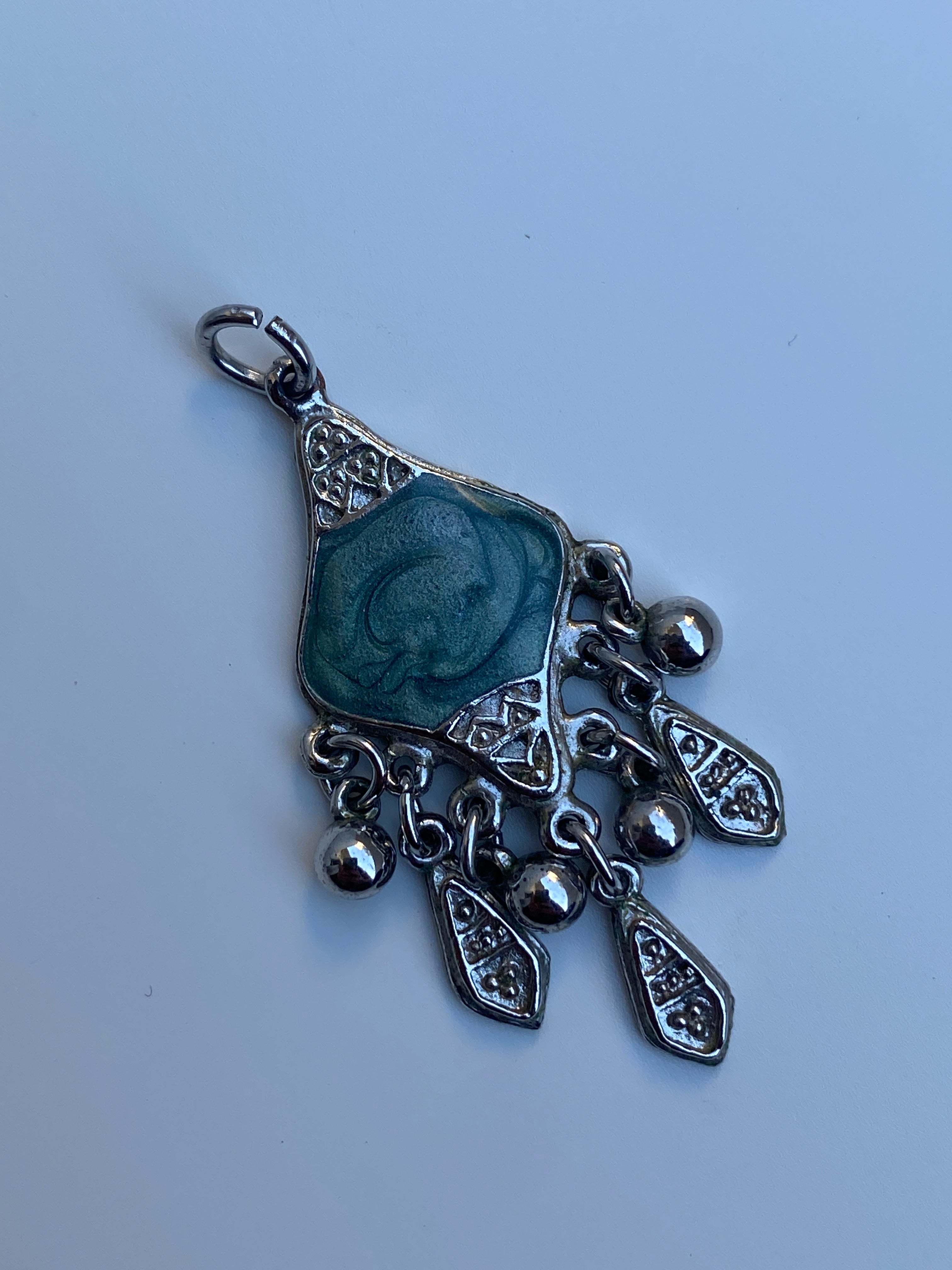 Vintage Silver Tone Green Art Glass Dangle Pendant - Boho Tribal Charm Necklace Pendant