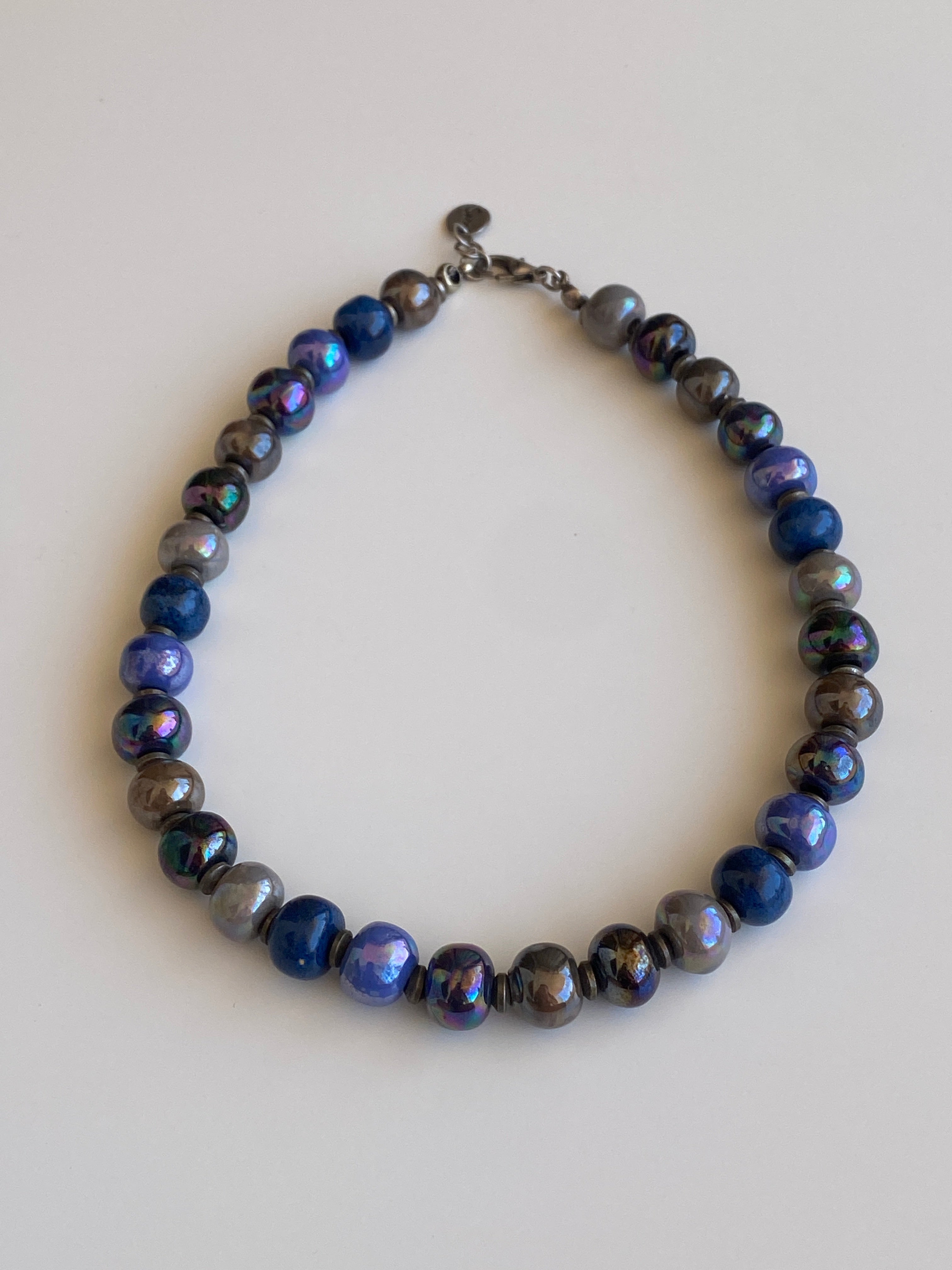 Vintage Sari Blue Purple Iridescent Beaded Statement Necklace