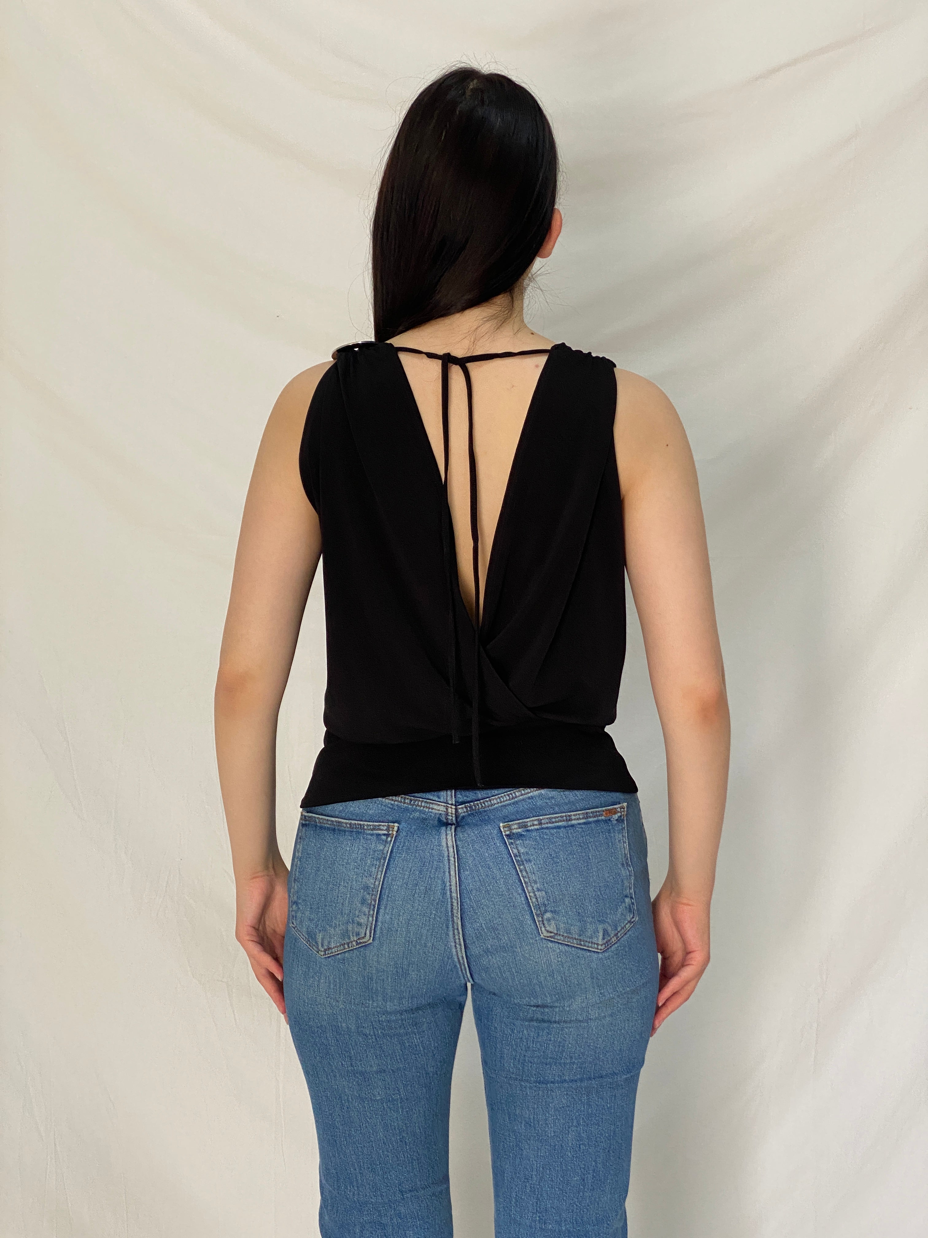 Vintage Y2K Black Glam Draped Party Sleeveless Clubwear Top – S
