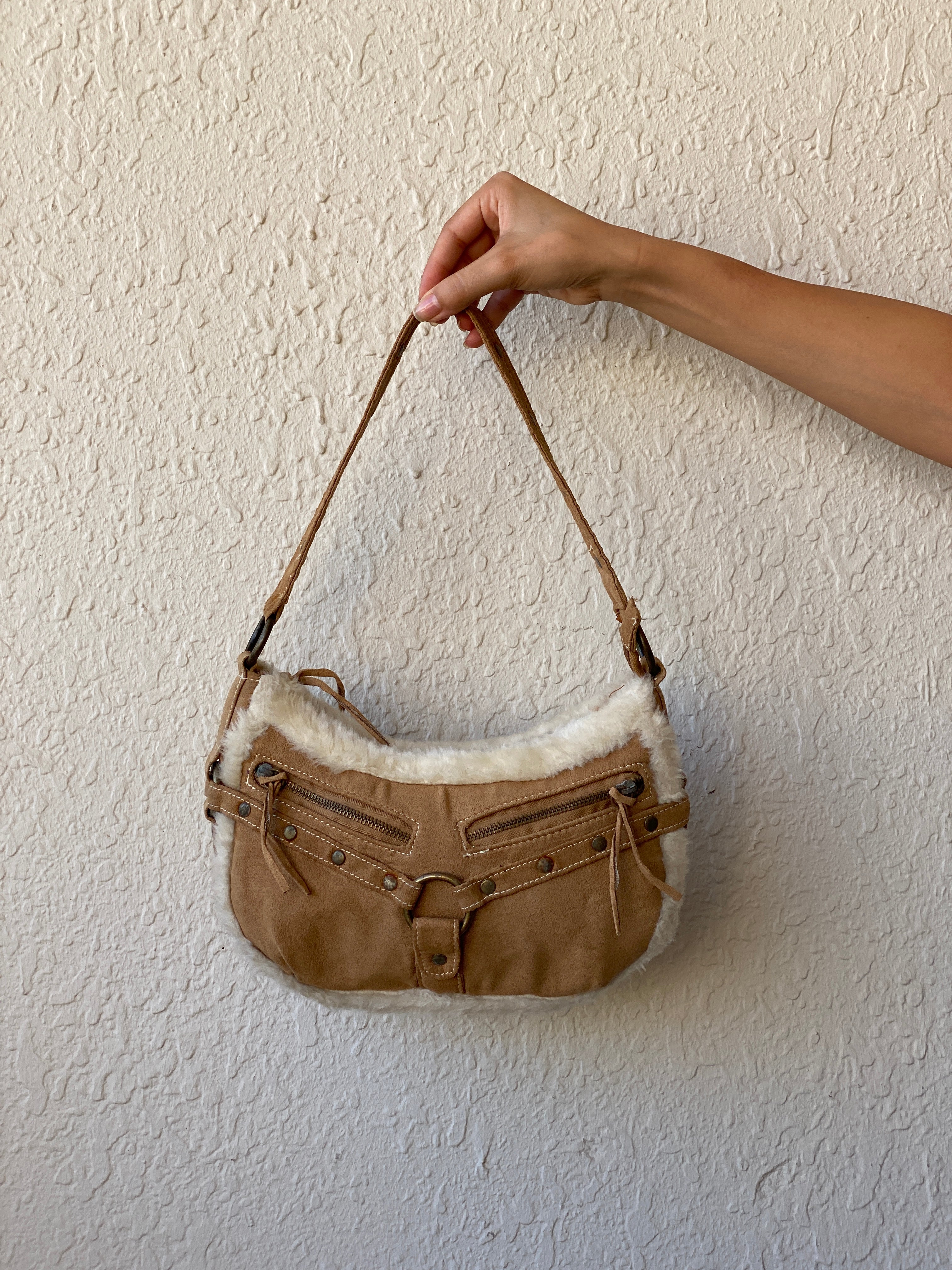 Y2K Shearling Brown Shoulder Bag with Fuzzy Trim & Stud Details Purse