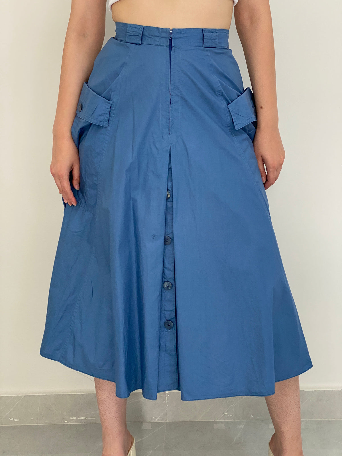 Vintage L’Estelle Dusty Blue High-Waisted A-Line Utility Cargo Midi Skirt - 36EUR