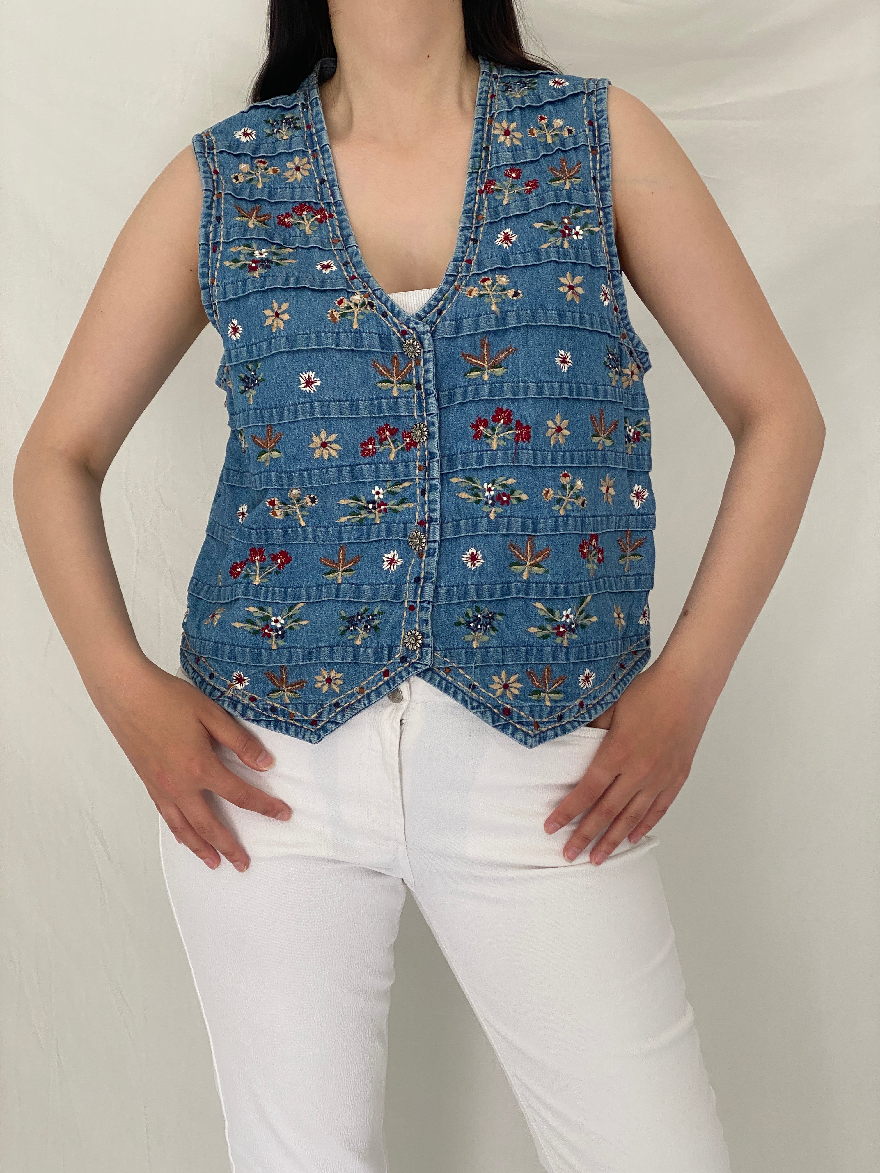 Vintage New Directions Boho Floral Embroidered Denim Vest -  L