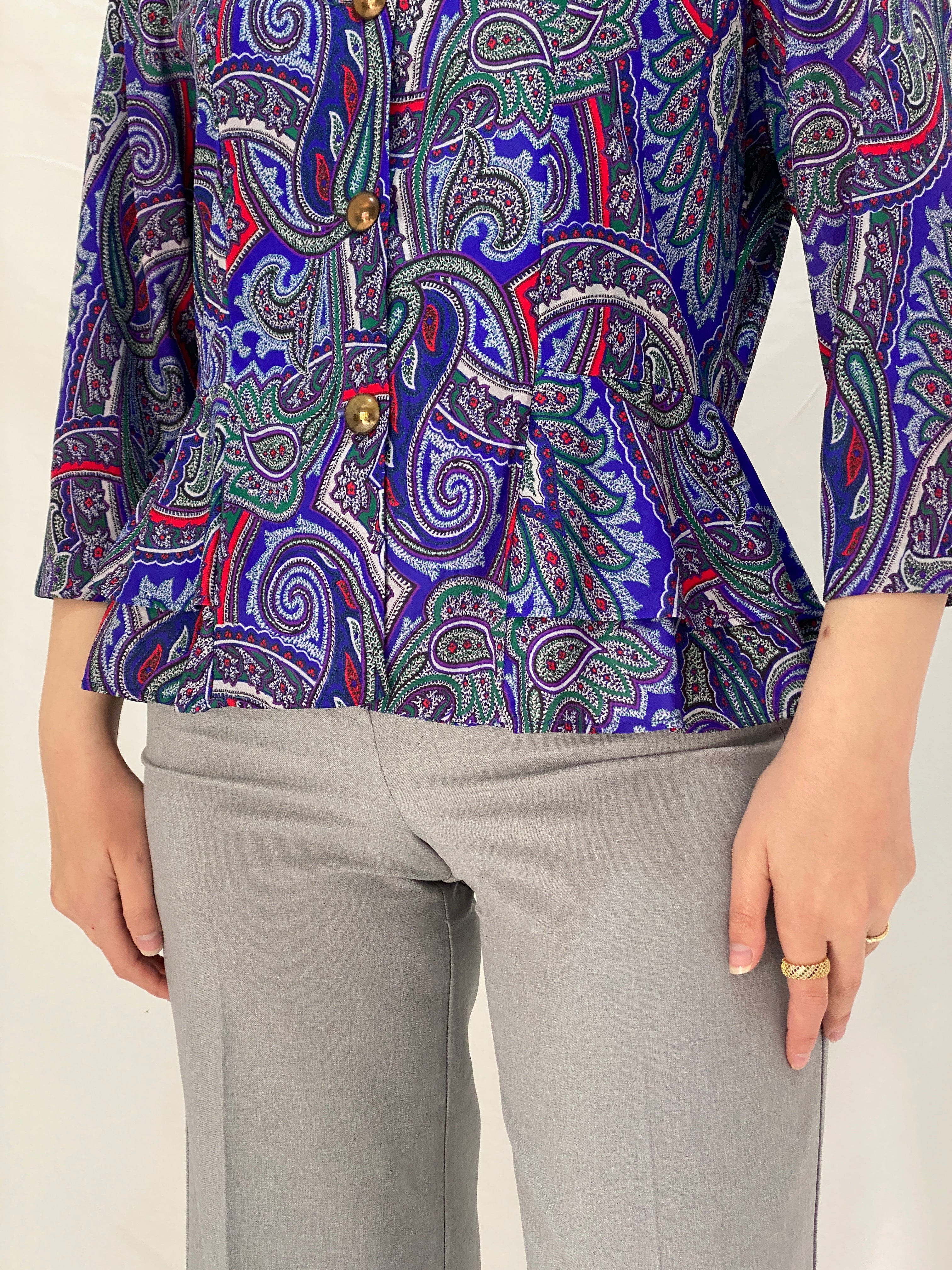 Vintage Amanda Blair Paisley Navy Peplum Satin Blouse Jewel Tone Print with Gold Buttons - L