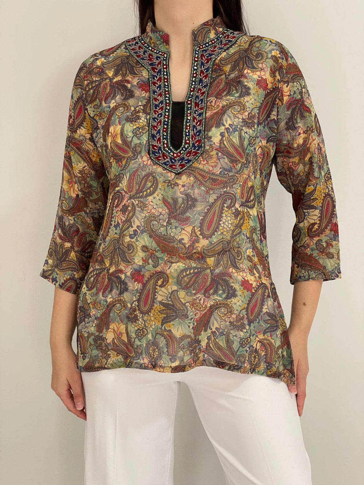 Vintage Y2K Makon Multicolor Paisley Embroidered Sheer Tunic Blouse - L