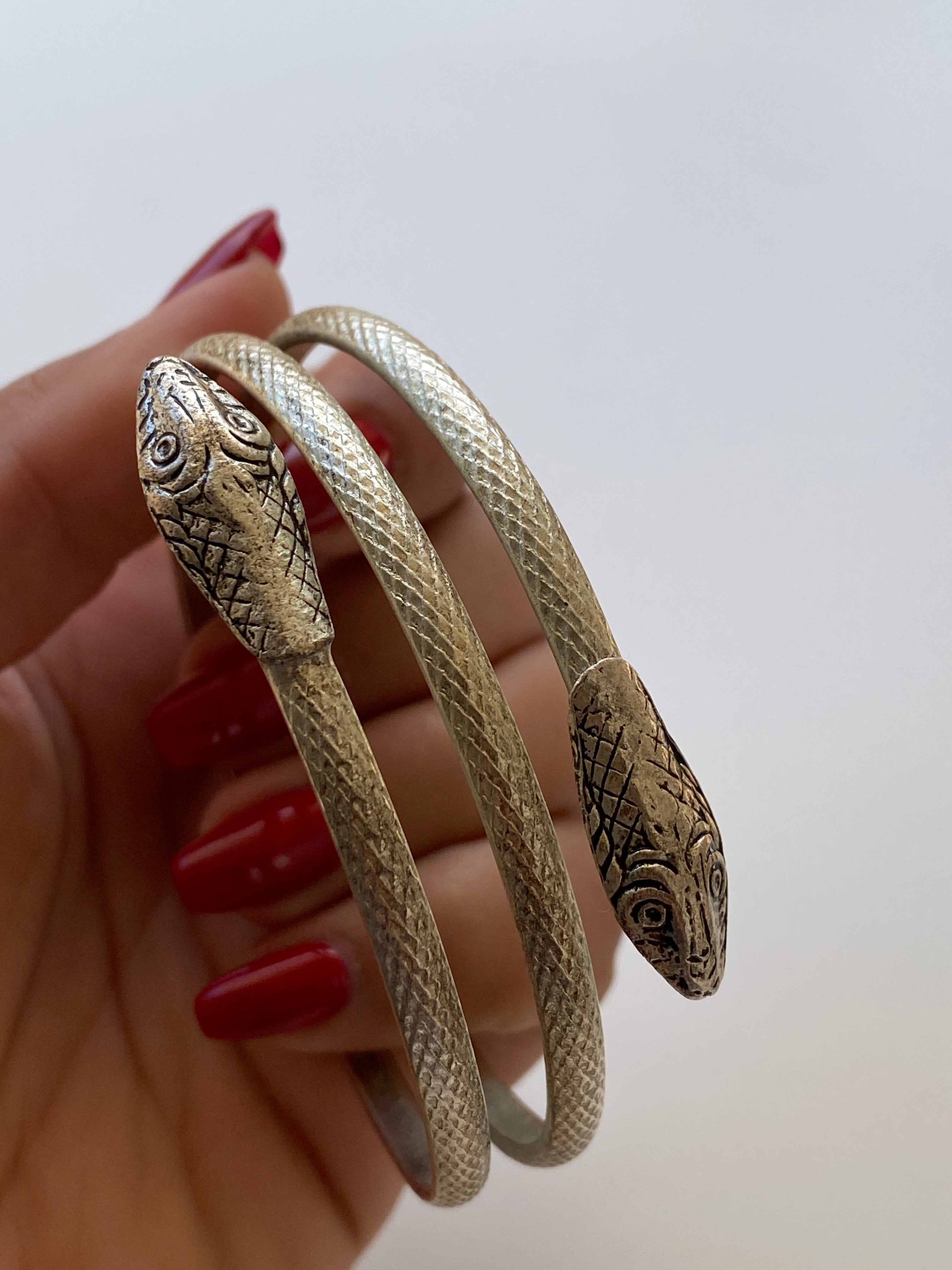 Vintage Silver Tone Double Snake Head Coil Wrap Bracelet Serpent Cuff