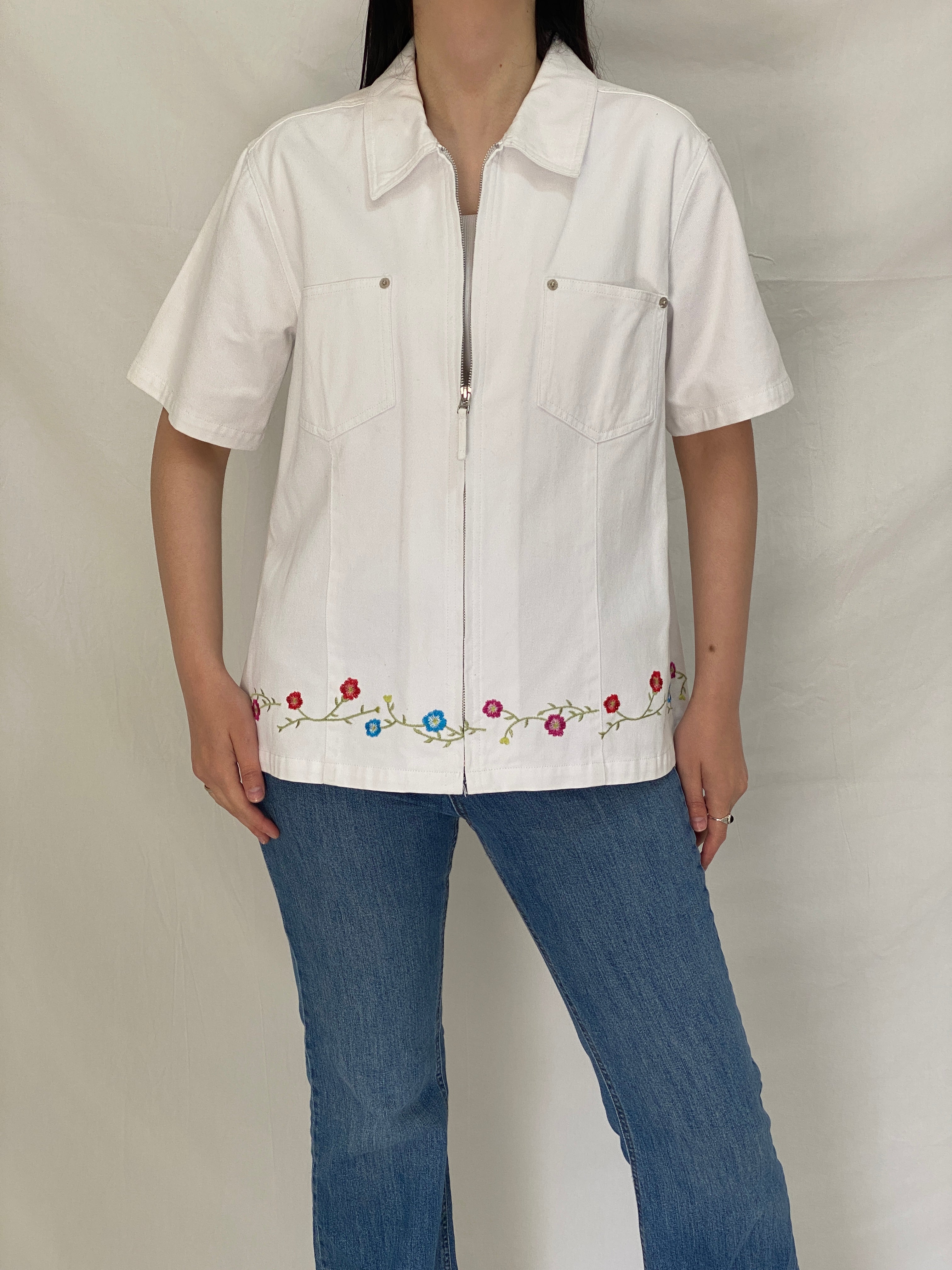 Vintage Denim & Co White Cotton Floral Embroidered Zip Shirt Jacket - L