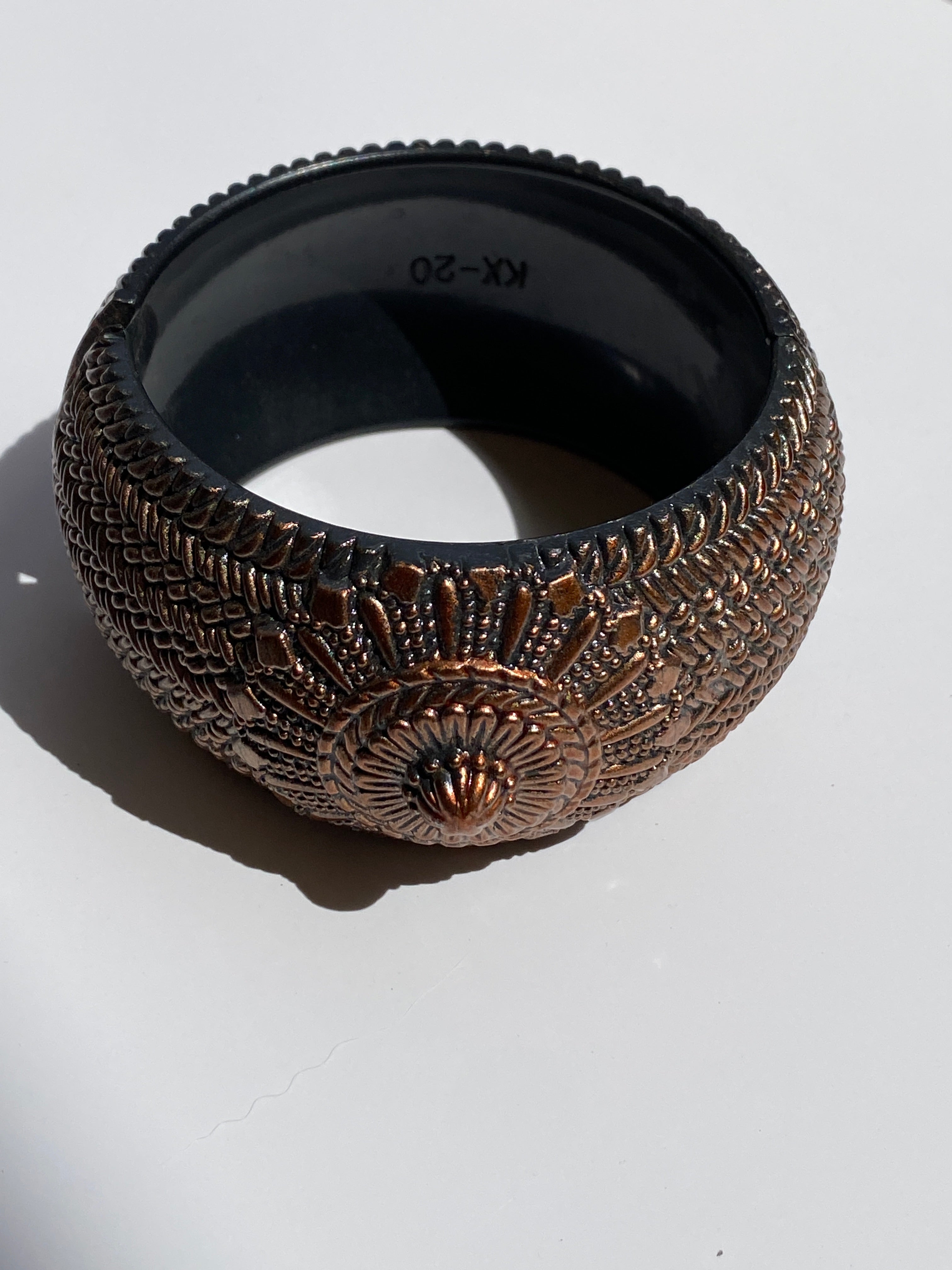 Vintage Copper Tone Embossed Lightweight Hinged Statement Cuff Bracelet