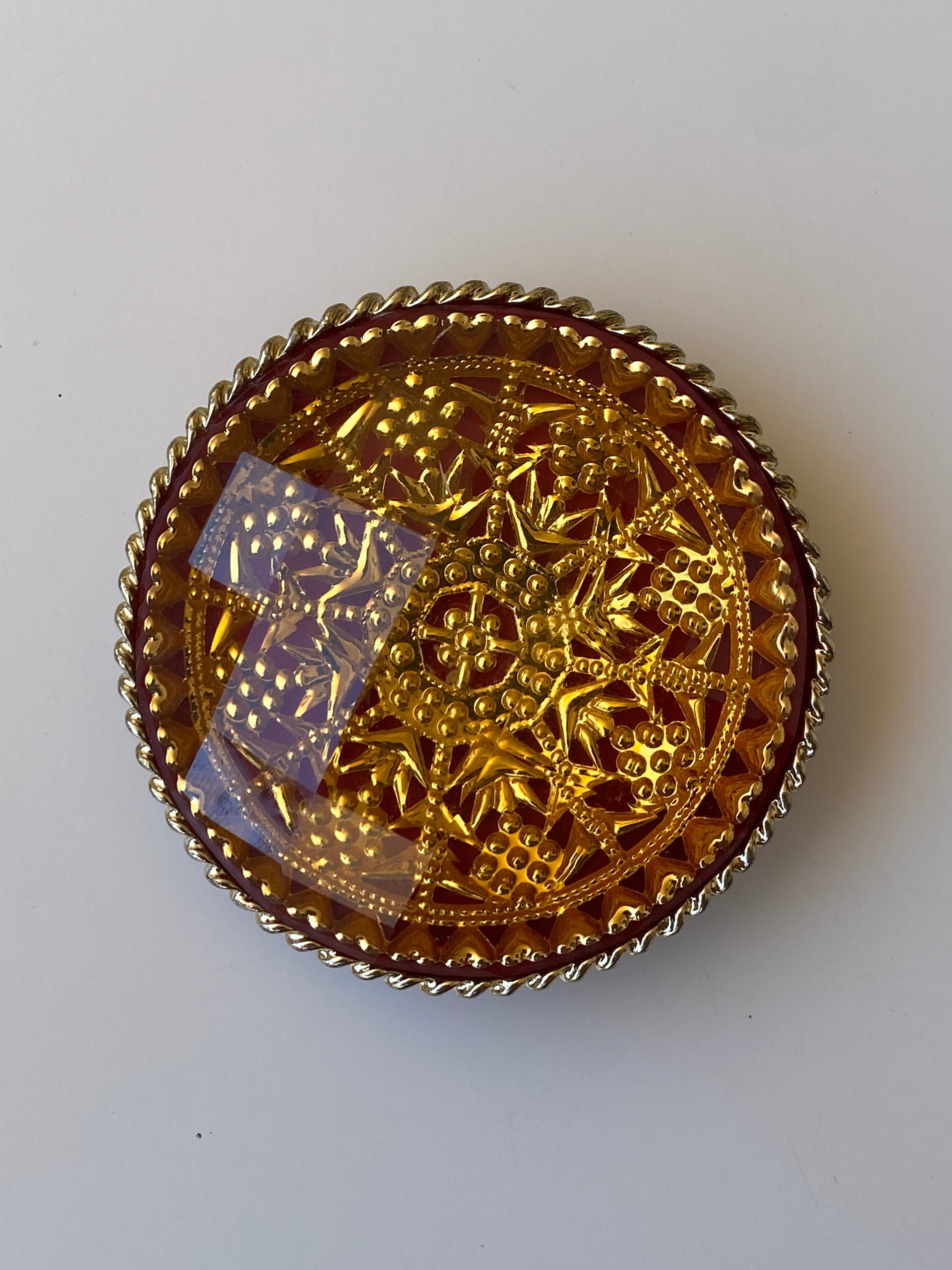 Vintage Gold Tone Filigree Amber Red Lucite Cocktail Statement Ring