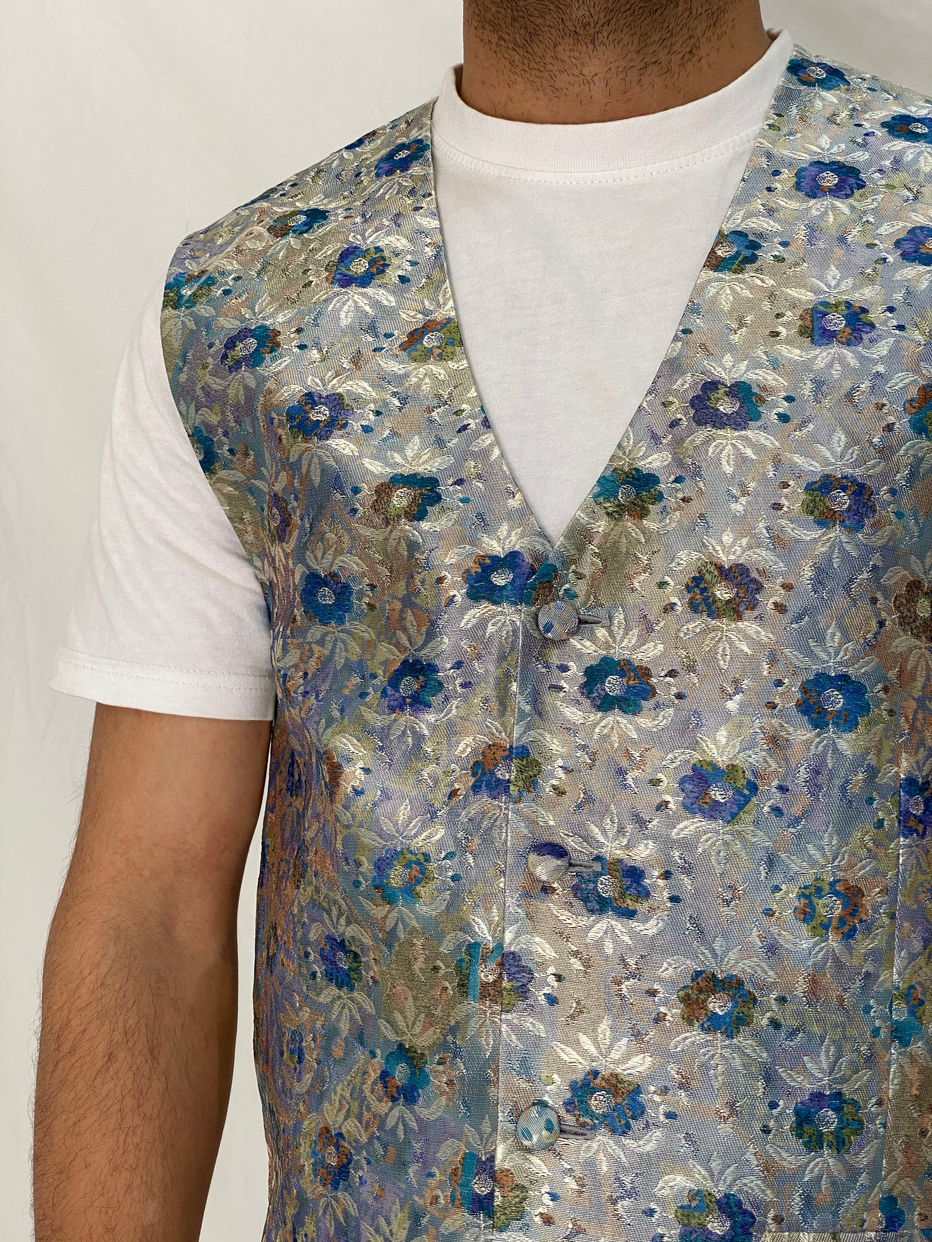 Vintage Anne Surkamp-Kramer Floral Vest Silver Blue Metallic Waistcoat Vest - M