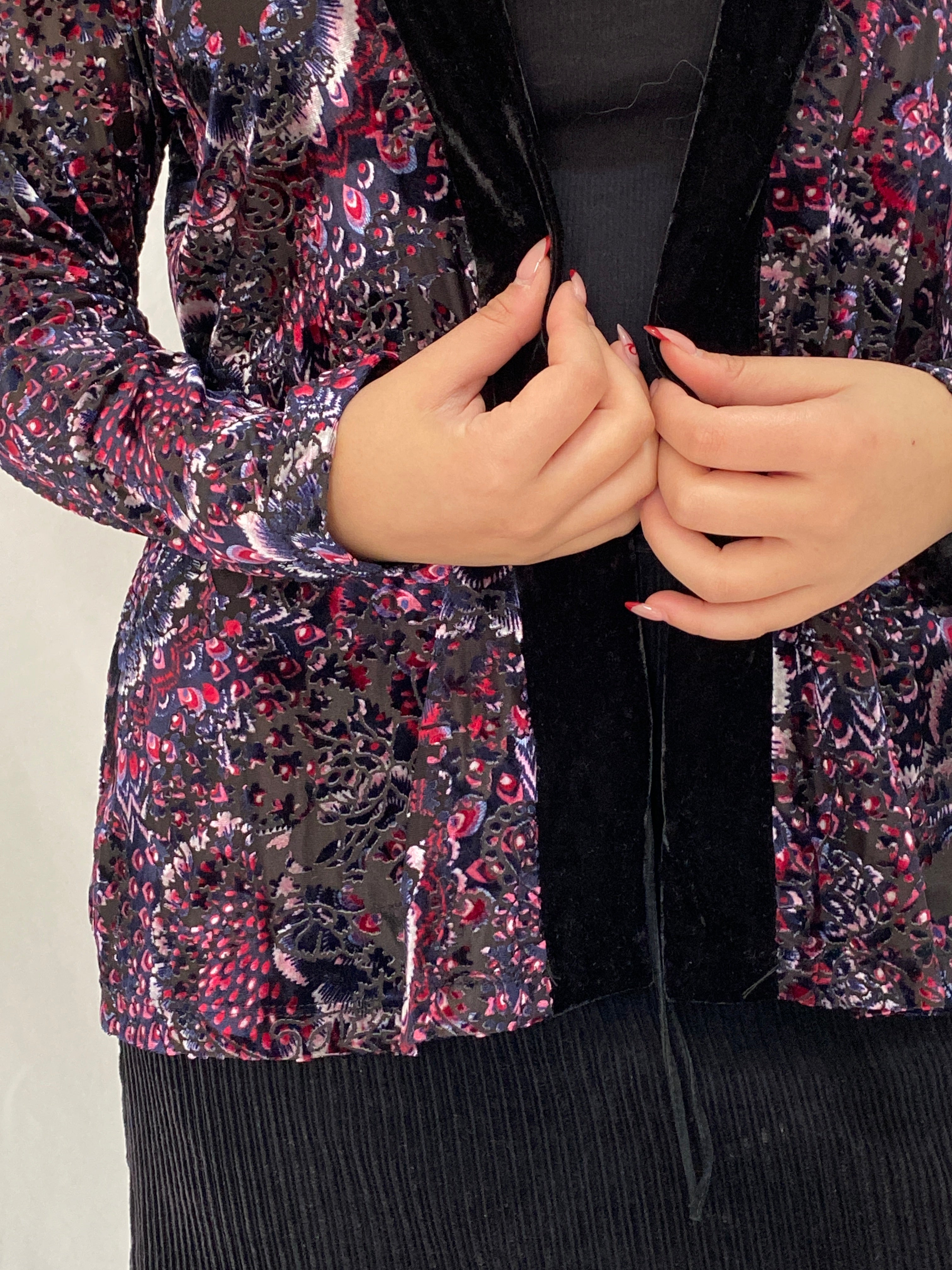 Vintage Millers Black Velvet Floral Paisley Open-Front Cardigan - L