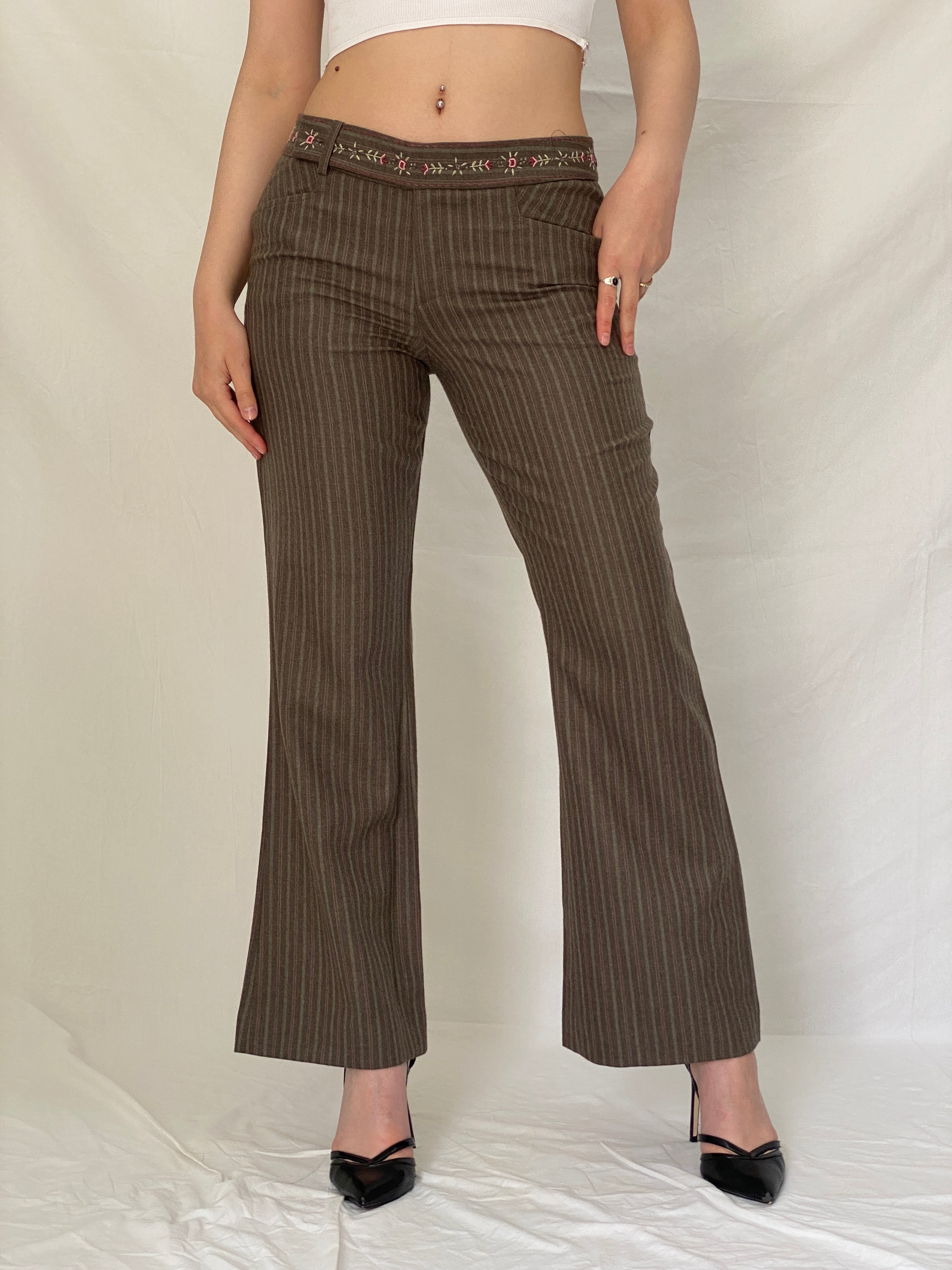 Vintage Rebecca Taylor Brown Wool Pinstripe Embroidered Flare Pants - M