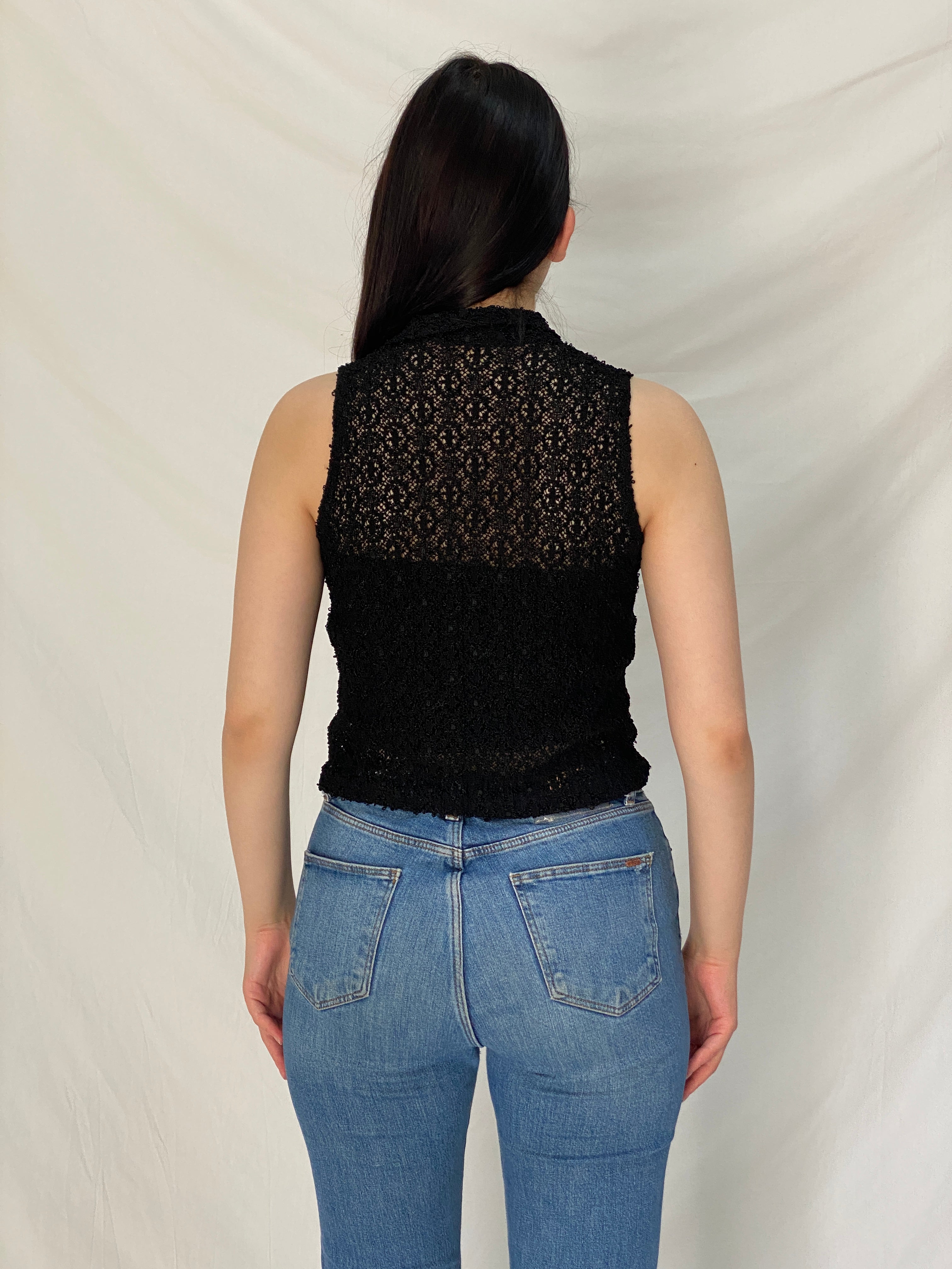 Y2K Black Crochet Knit Sleeveless Button-Up Cropped See Through Shirt – S