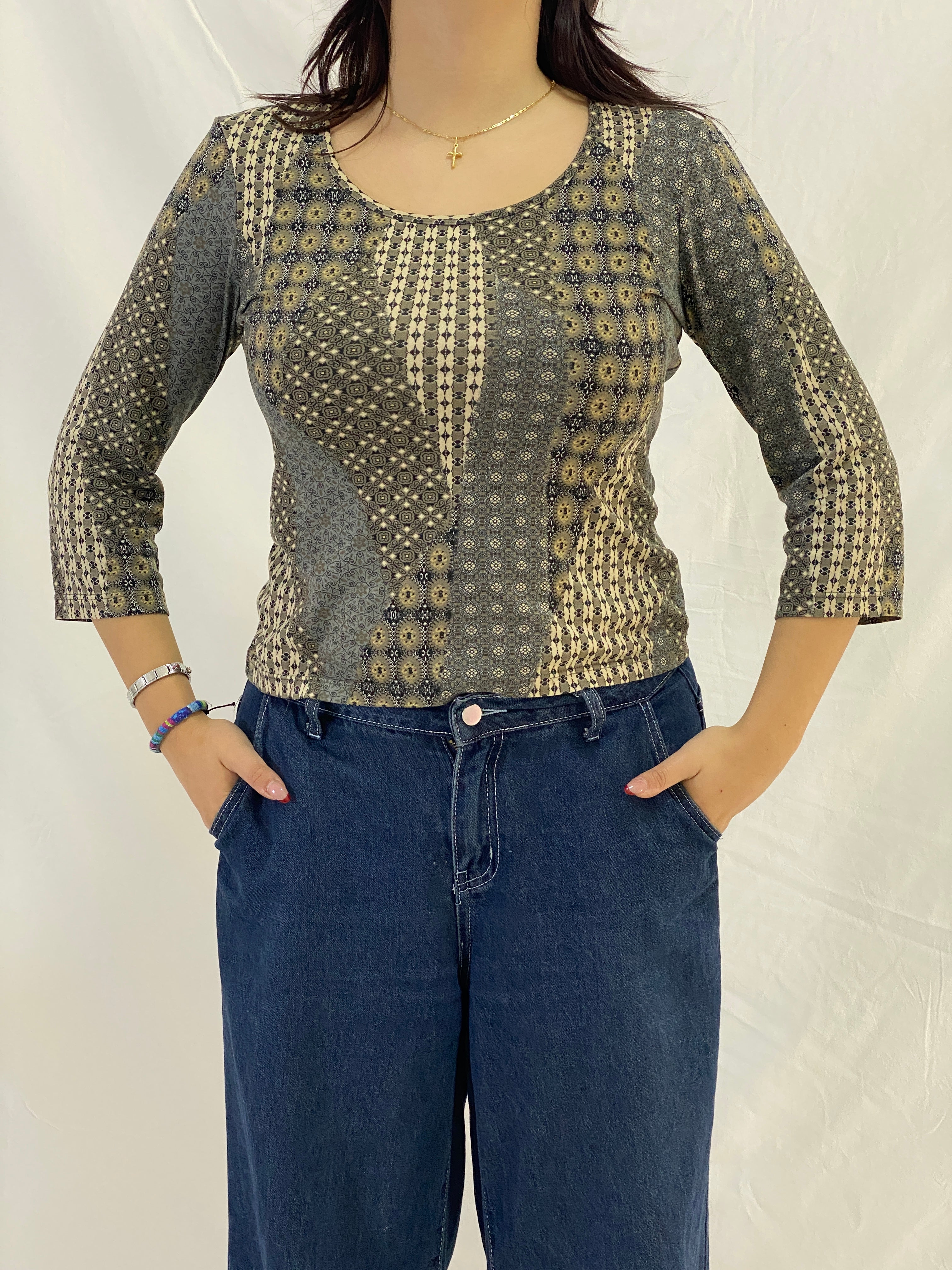 Vintage Aquarelle Patchwork Print 3/4 Sleeve Stretch Top - Neutral Brown & Olive - M