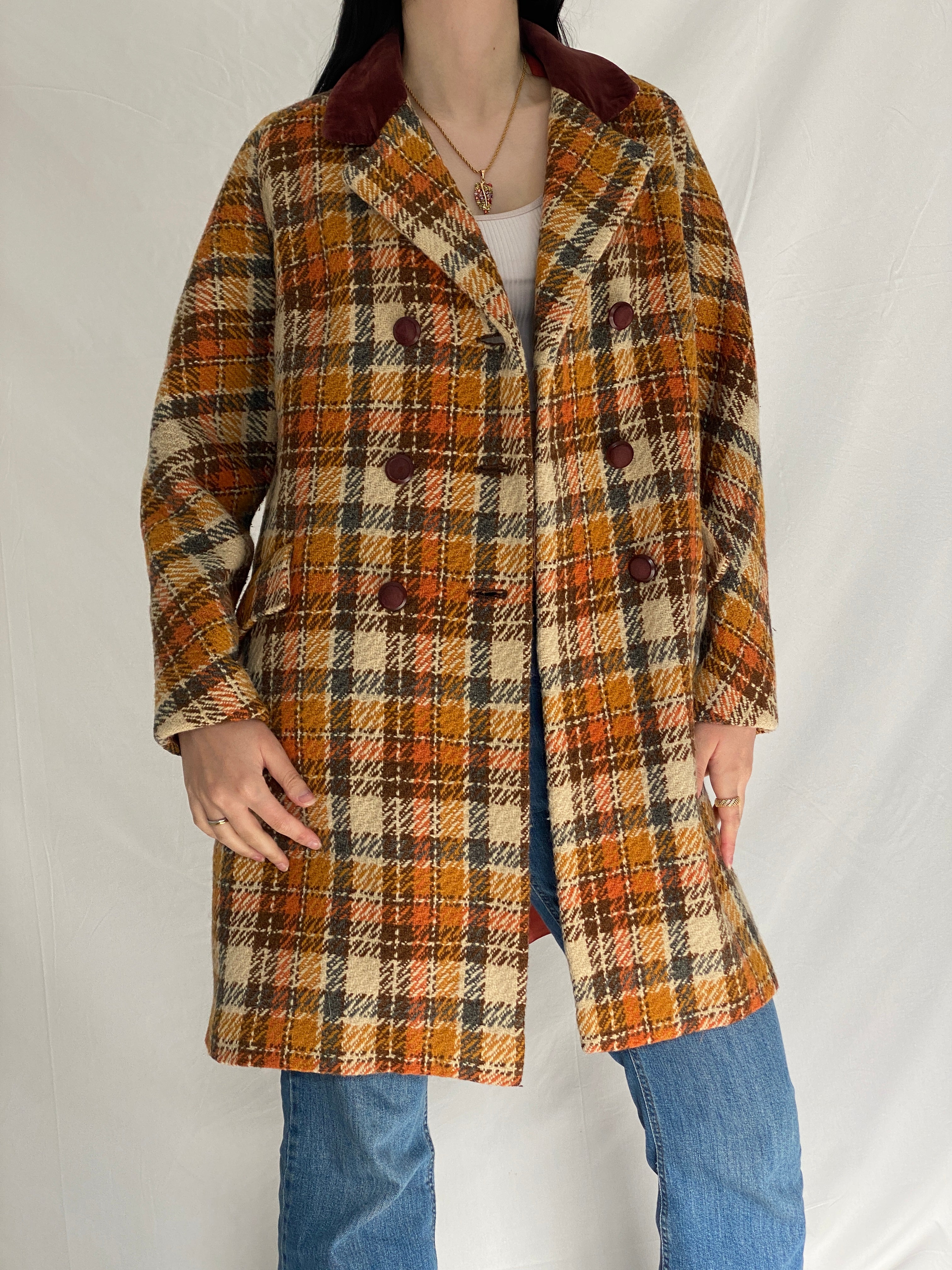 Vintage Brown & Rust Plaid Oversized Double-Breasted Wool Blend Coat with Velvet Collar - XL