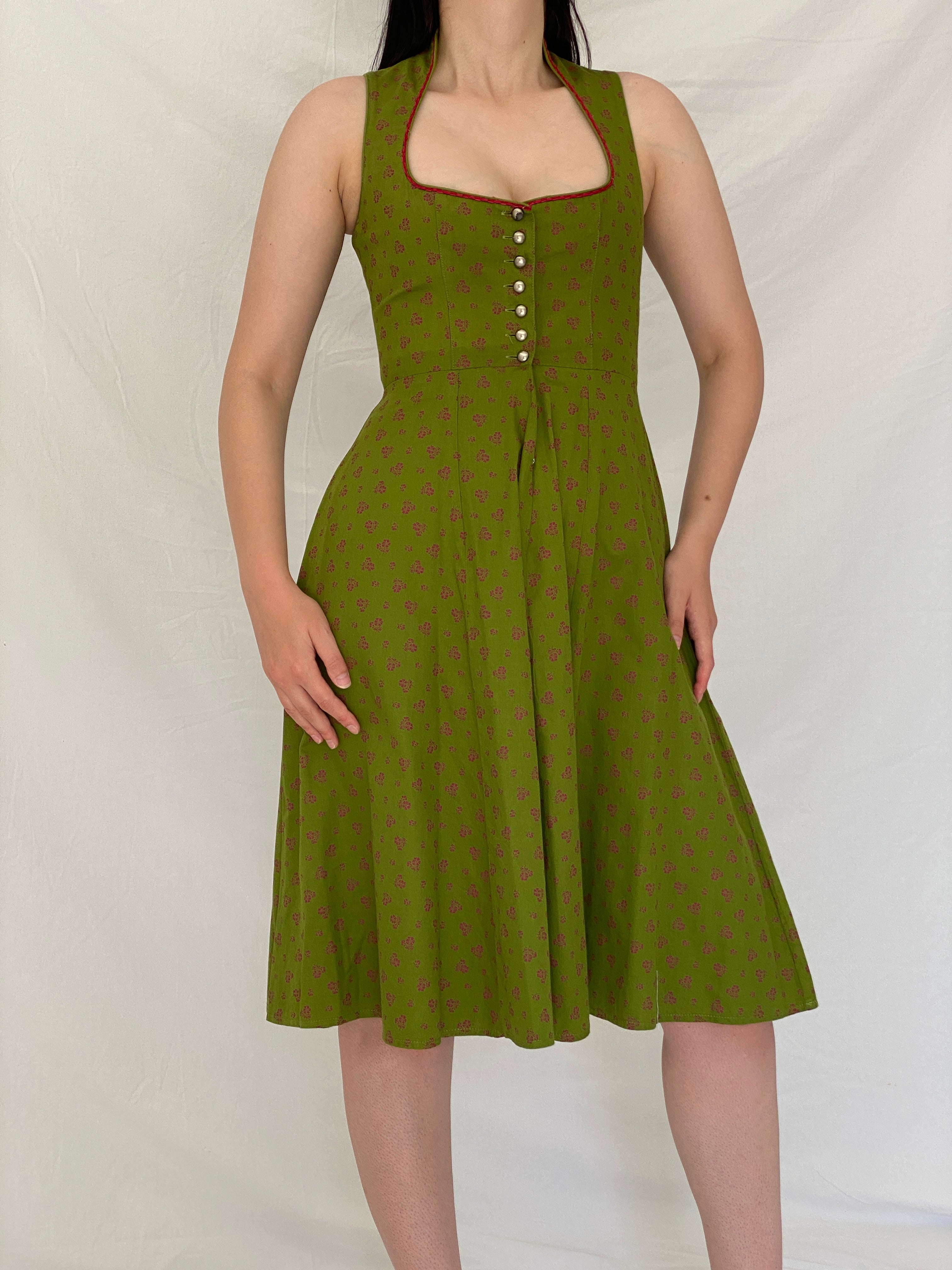 Vintage German Daller Tracht Green Cotton Floral Dirndl Folk Dress – S