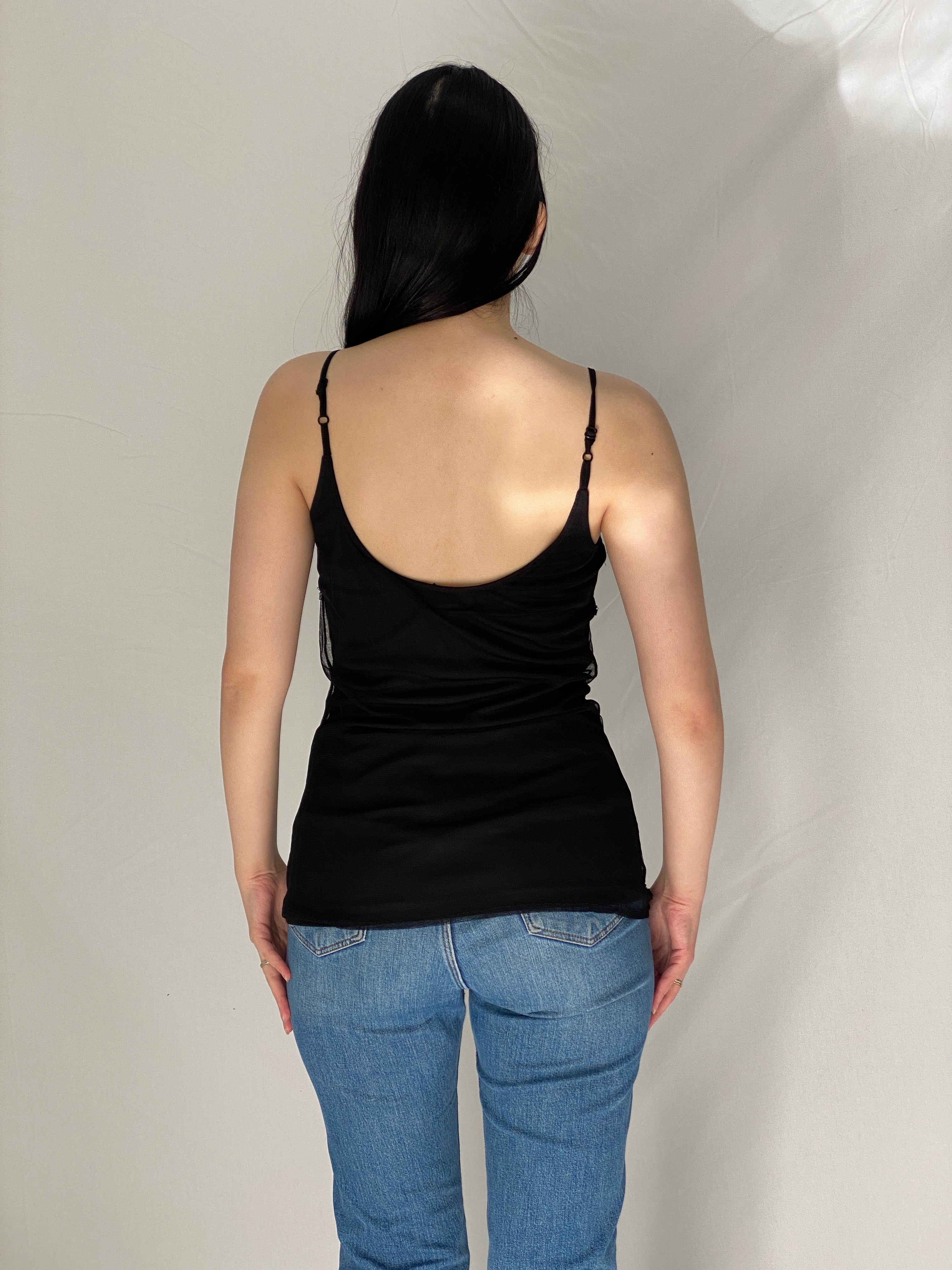 Vintage Y2K Wet Seal Black Beaded Mesh Fairycore Cami Top - M