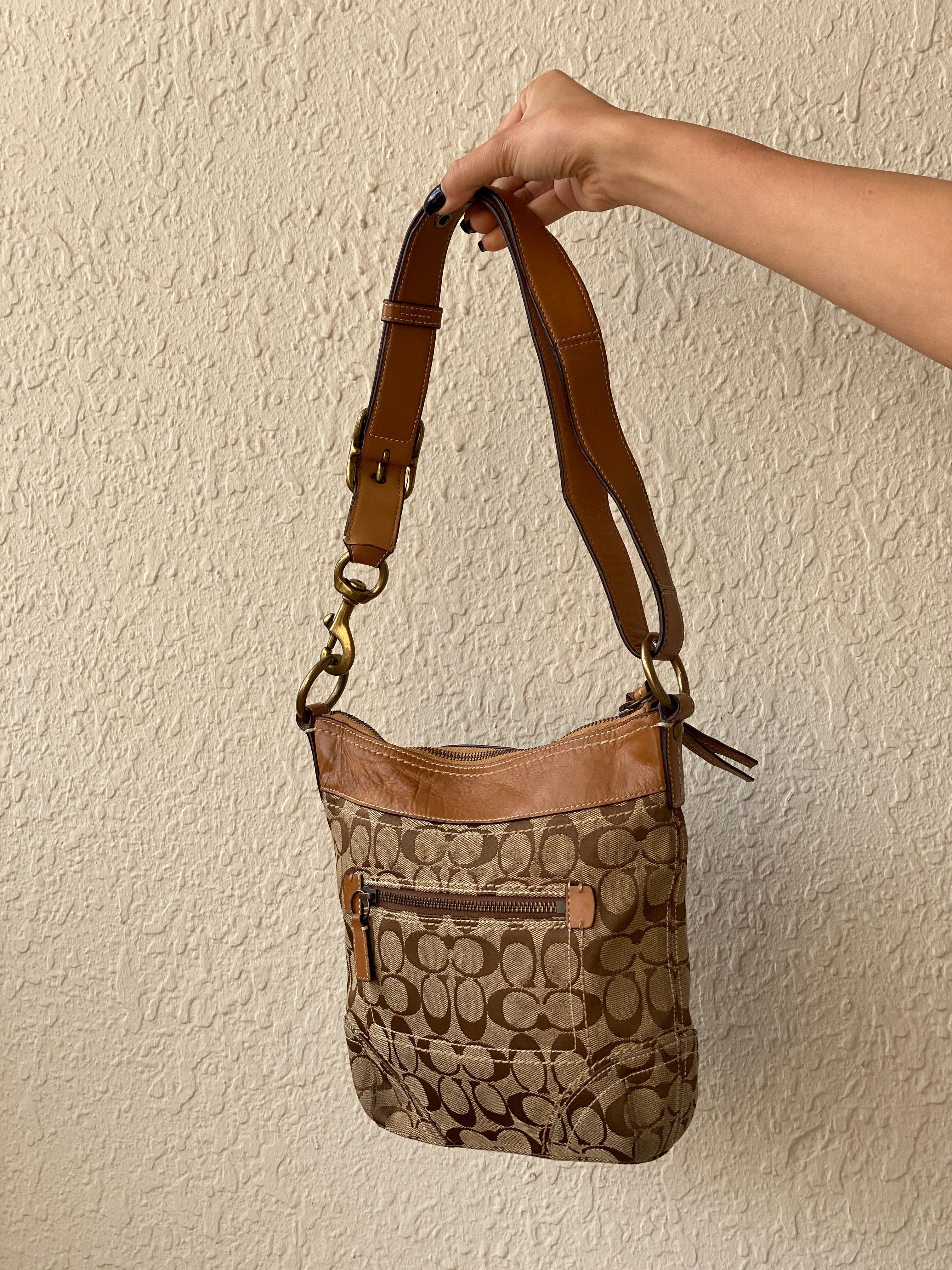 Vintage 2000s Coach Signature Monogram Canvas Shoulder Bag Brown & Tan Leather Trim