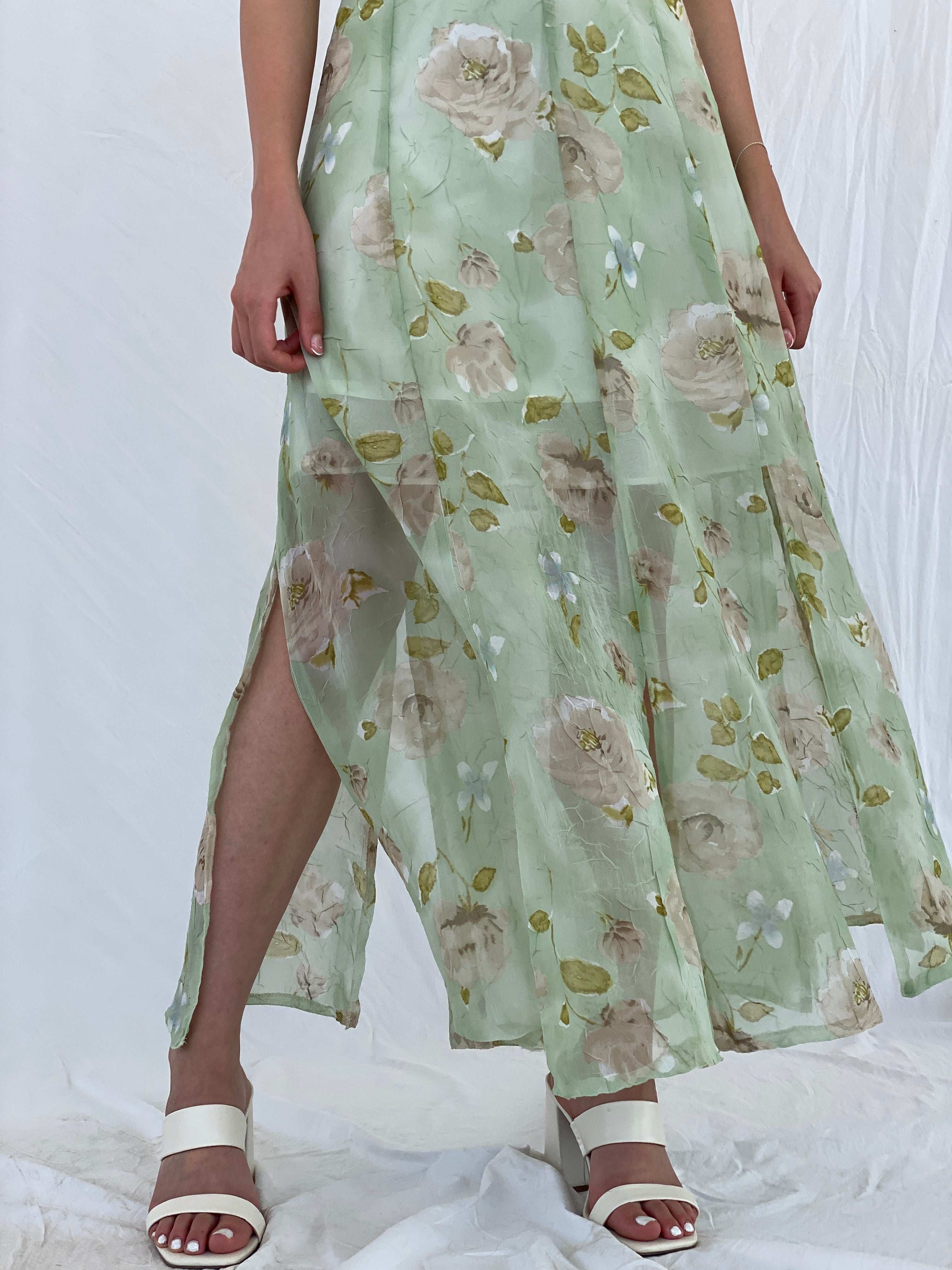 Vintage Handmade Mint Green Sheer Floral Print Maxi Dress - M - Balagan Vintage Maxi Dress 00s, 90s, maxi dress, Mira, NEW IN, sheer