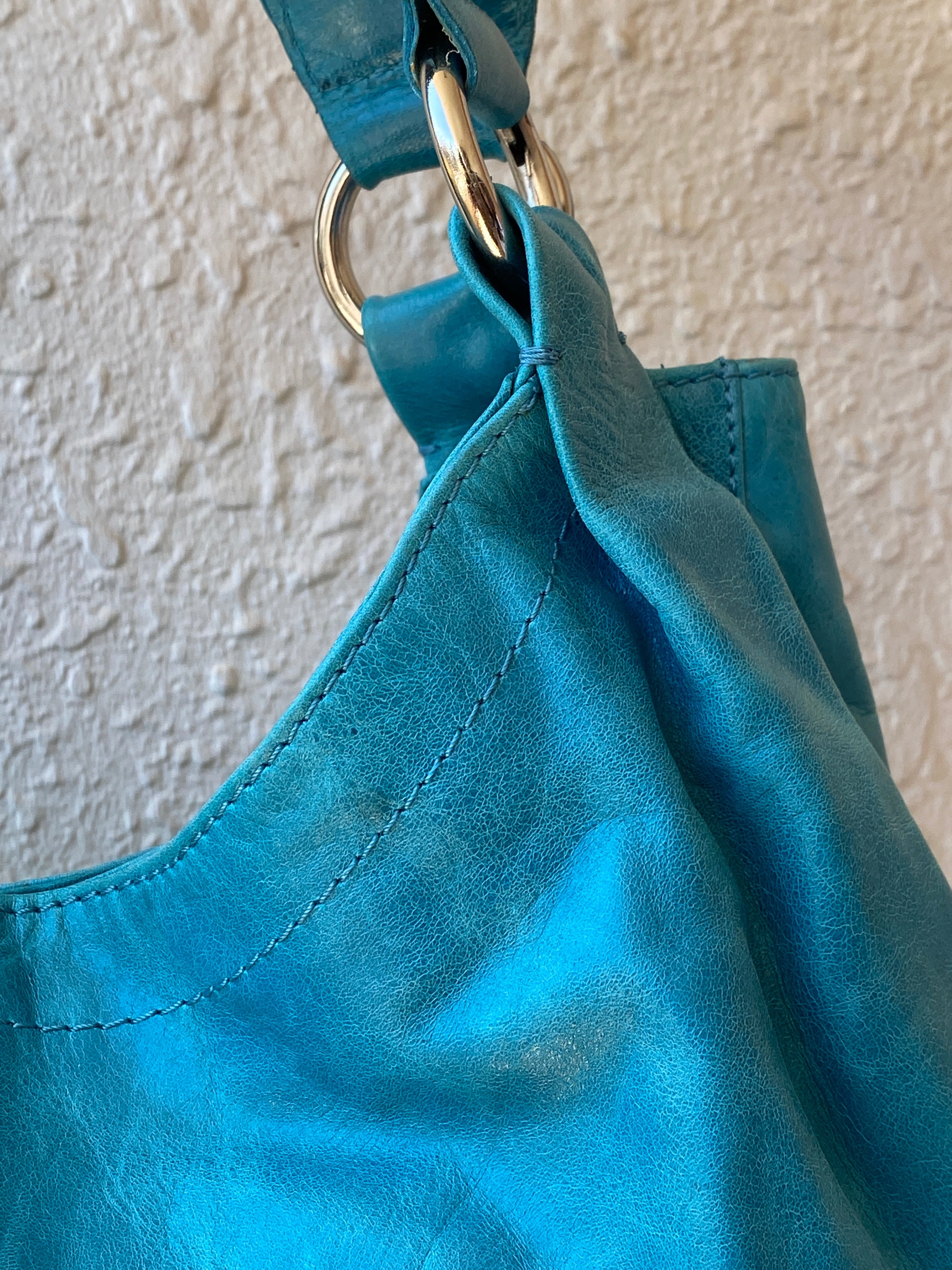 Vintage Y2K Bejin Korf Turquoise Genuine Leather Slouchy Hobo Shoulder Bag